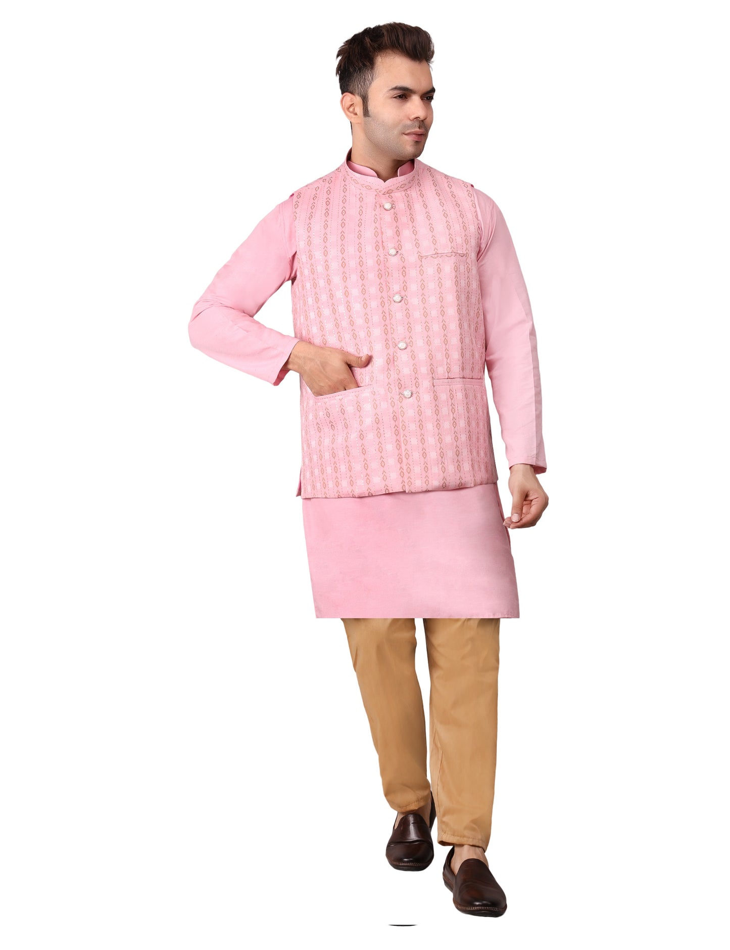 Men's Silk Blend Kurta Pajama with Designer Bundi Nehru Jacket/Waistcoat Pink