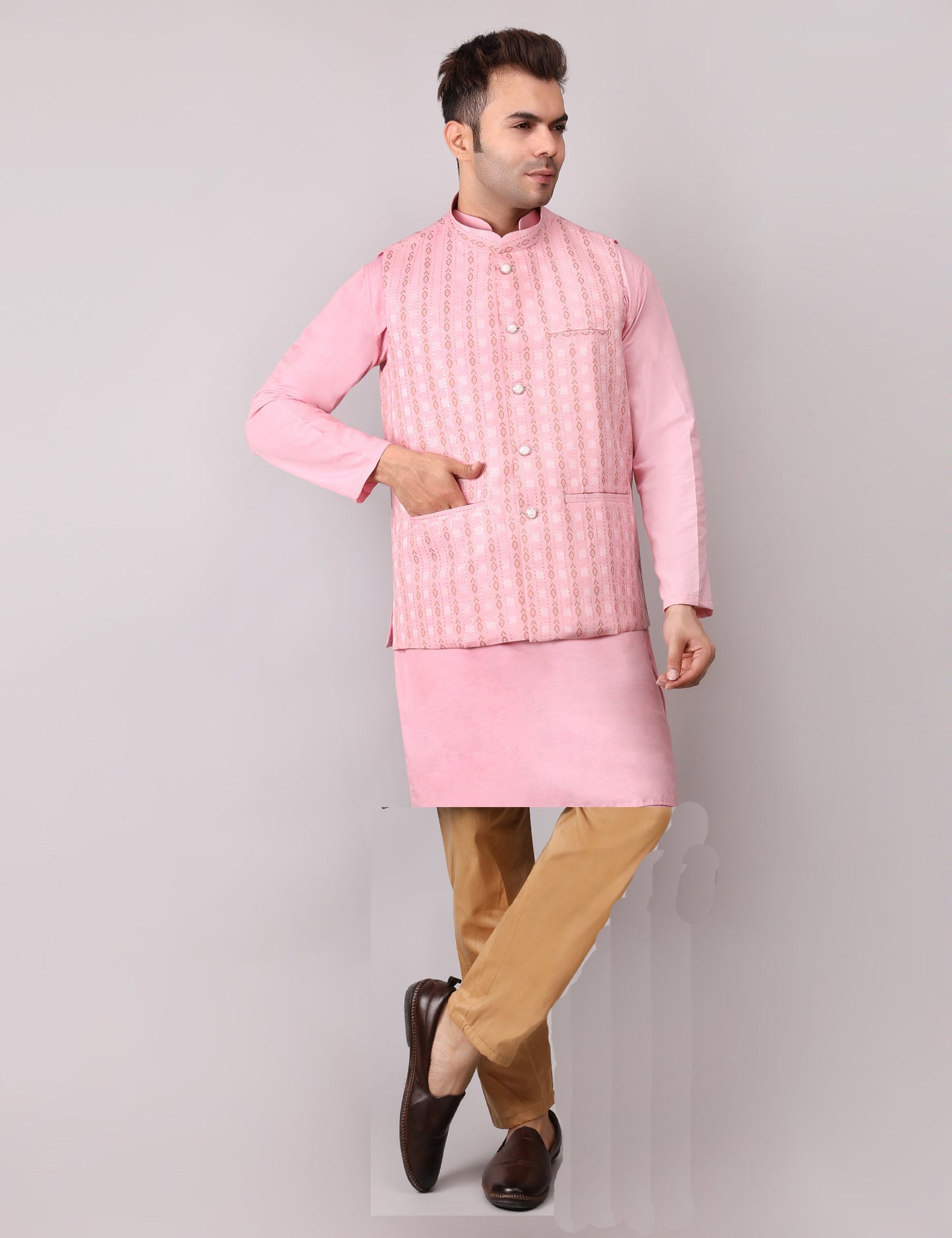 Men's Silk Blend Kurta Pajama with Designer Bundi Nehru Jacket/Waistcoat Pink