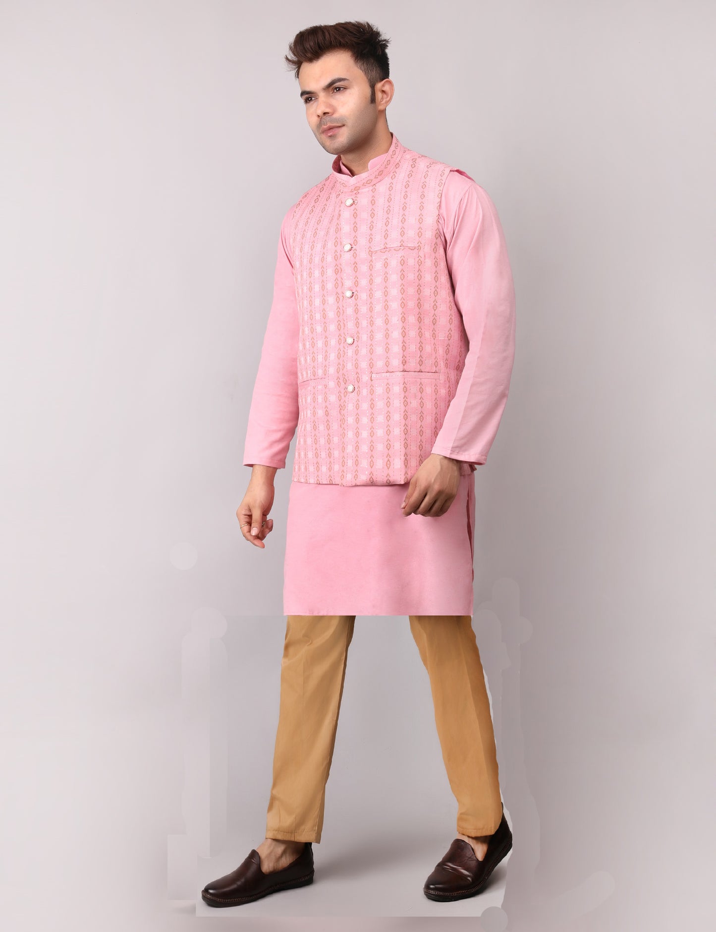 Men's Silk Blend Kurta Pajama with Designer Bundi Nehru Jacket/Waistcoat Pink