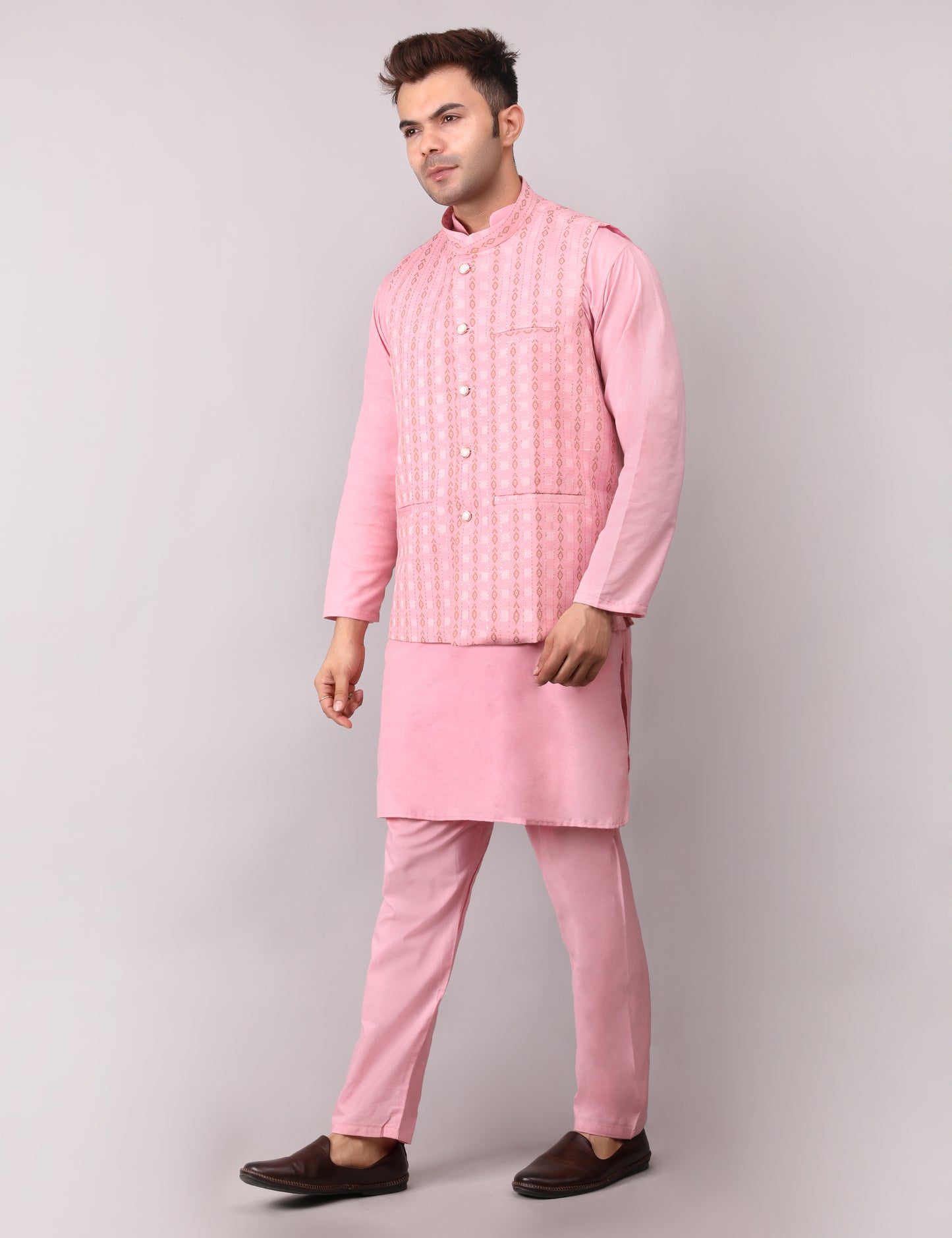 Men's Silk Blend Kurta Pajama with Designer Bundi Nehru Jacket/Waistcoat Pink