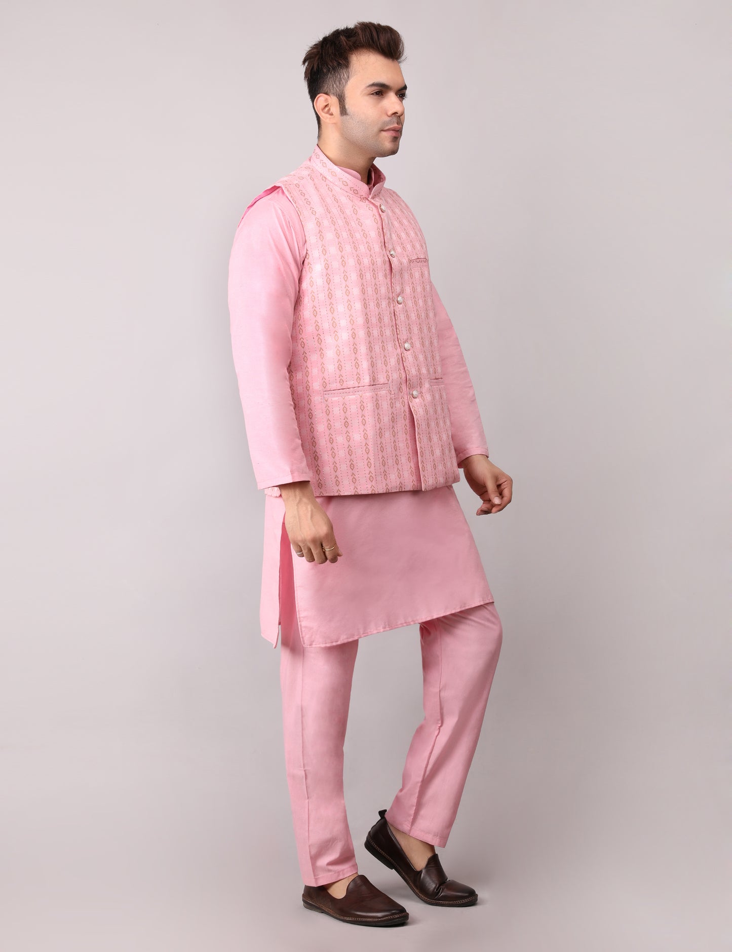 Men's Silk Blend Kurta Pajama with Designer Bundi Nehru Jacket/Waistcoat Pink