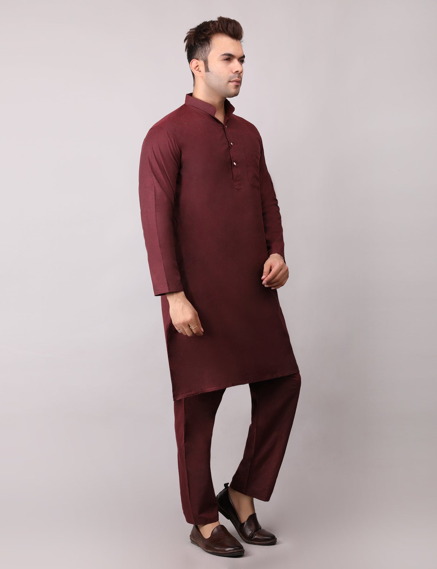 Men's Plain Maroon Cotton Kurta Pajama Set
