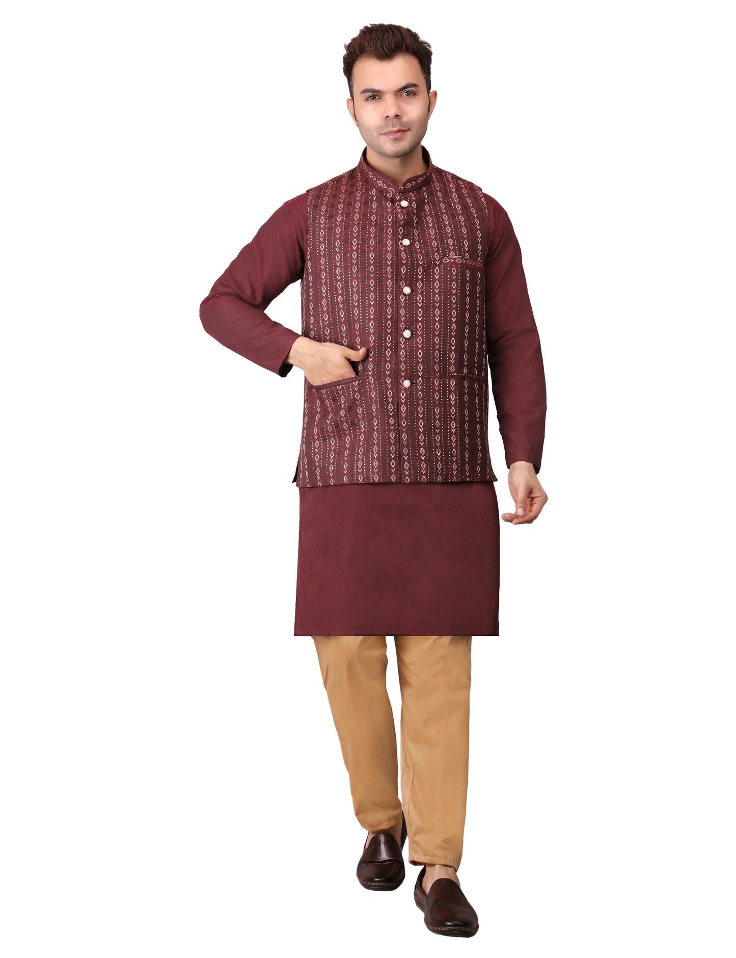 Men's Silk Blend Kurta Pajama with Designer Bundi Nehru Jacket/Waistcoat Maroon