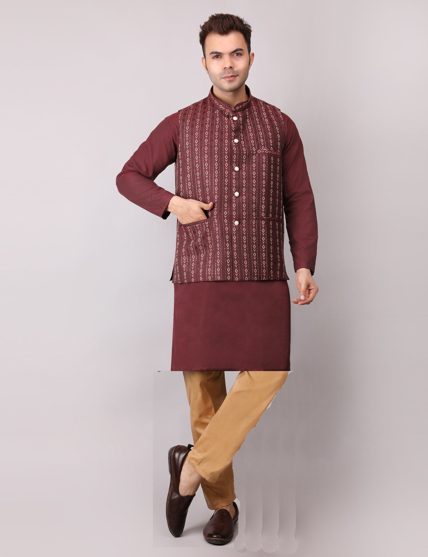 Men's Silk Blend Kurta Pajama with Designer Bundi Nehru Jacket/Waistcoat Maroon