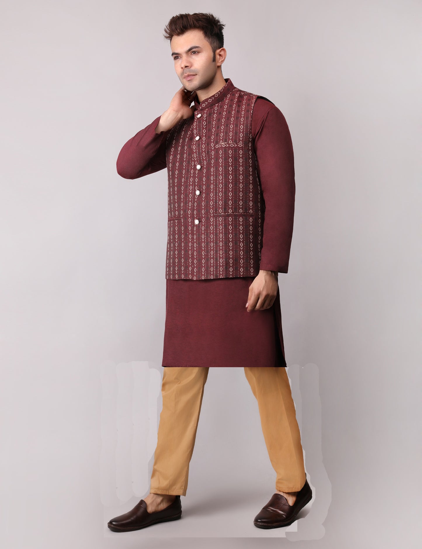 Men's Silk Blend Kurta Pajama with Designer Bundi Nehru Jacket/Waistcoat Maroon