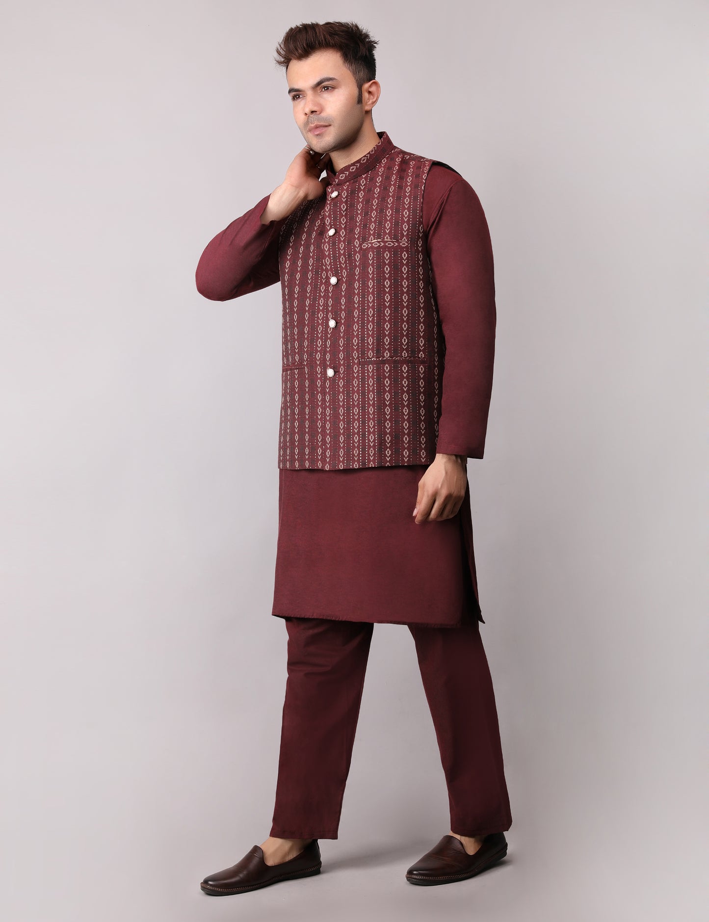 Men's Silk Blend Kurta Pajama with Designer Bundi Nehru Jacket/Waistcoat Maroon
