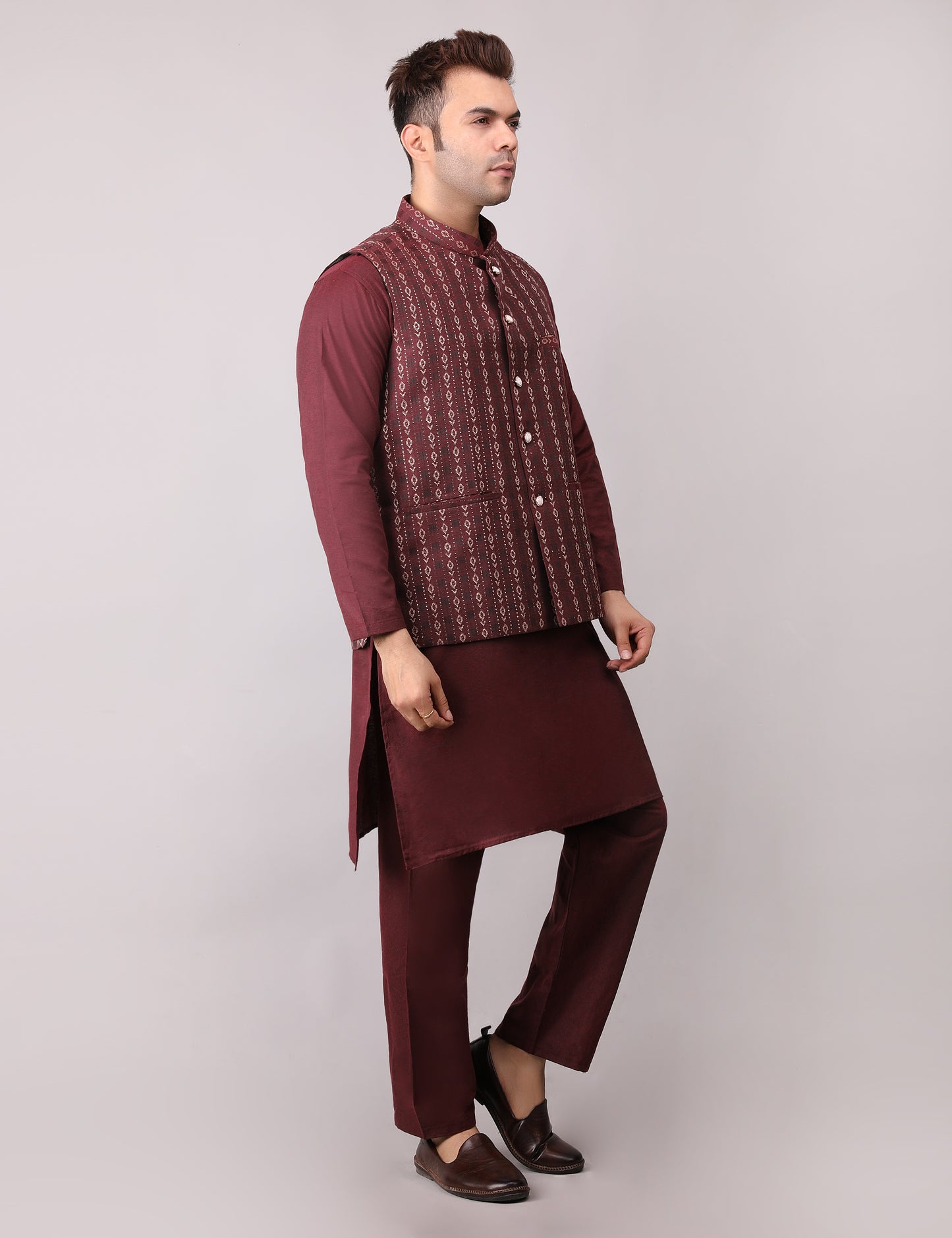Men's Silk Blend Kurta Pajama with Designer Bundi Nehru Jacket/Waistcoat Maroon