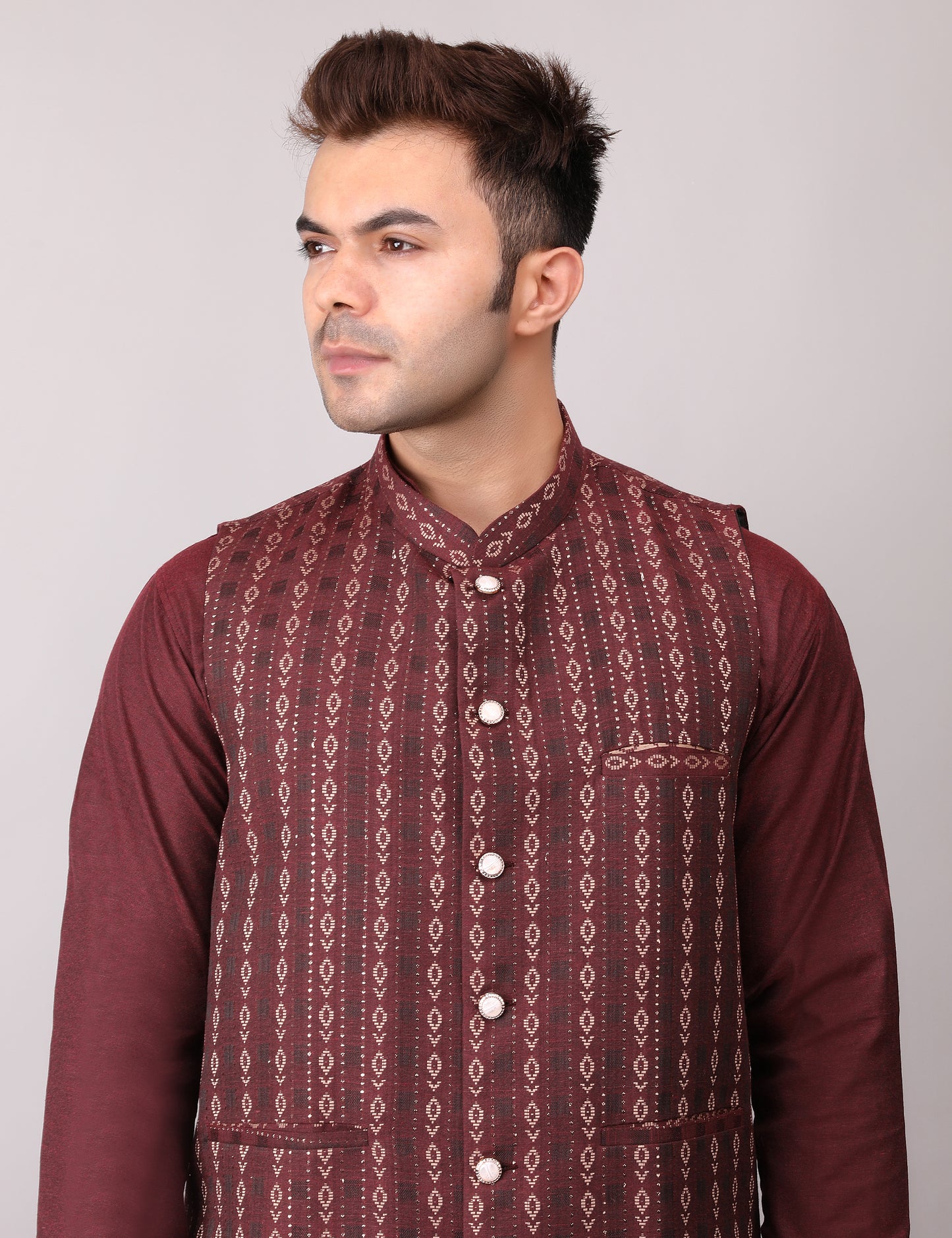 Men's Silk Blend Kurta Pajama with Designer Bundi Nehru Jacket/Waistcoat Maroon