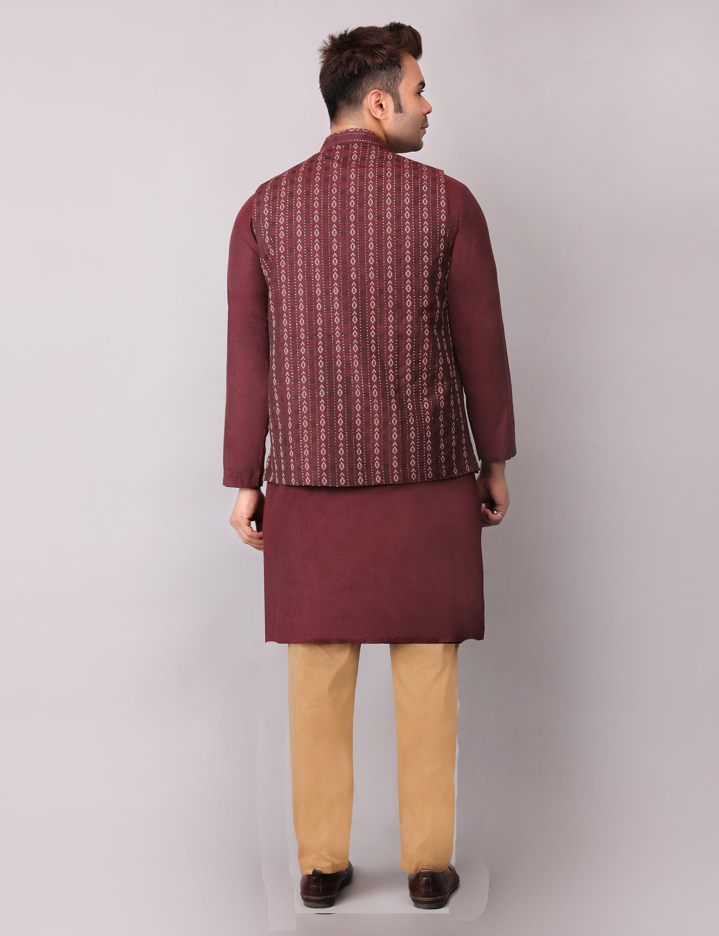 Men's Silk Blend Kurta Pajama with Designer Bundi Nehru Jacket/Waistcoat Maroon