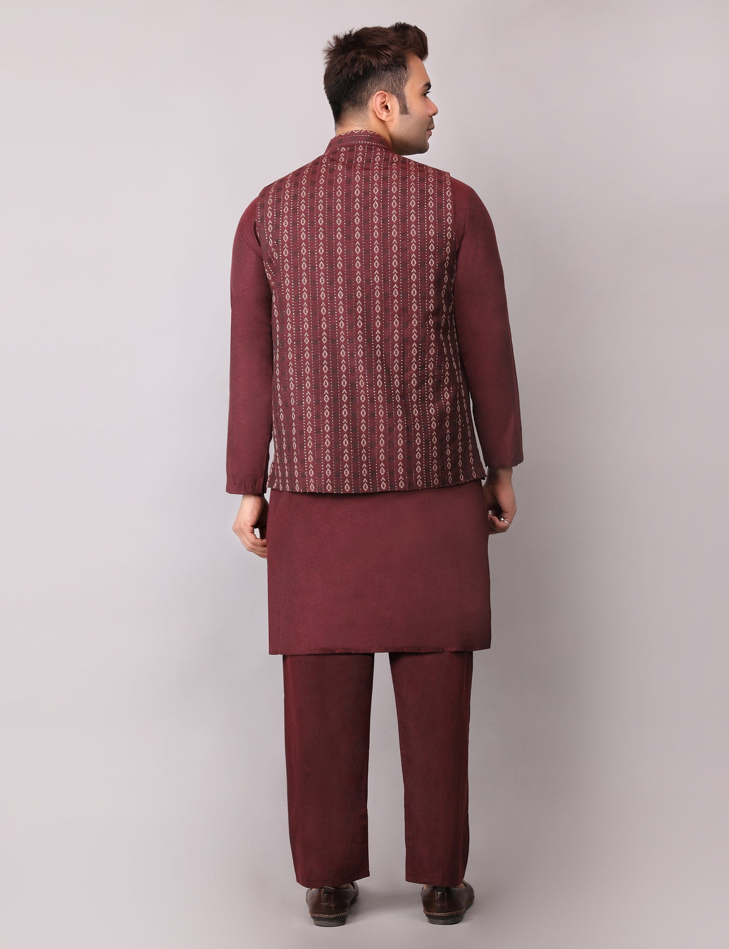 Men's Silk Blend Kurta Pajama with Designer Bundi Nehru Jacket/Waistcoat Maroon
