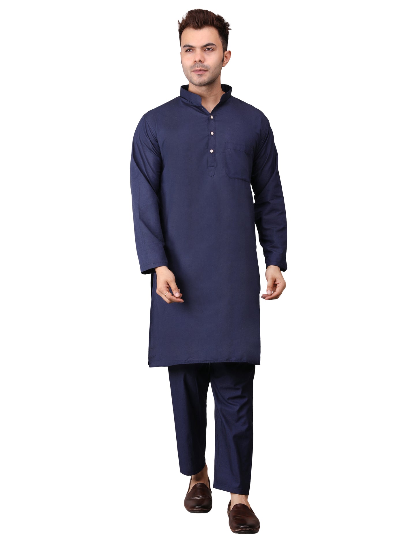Men's Plain Dark Blue Cotton Kurta Pajama Set