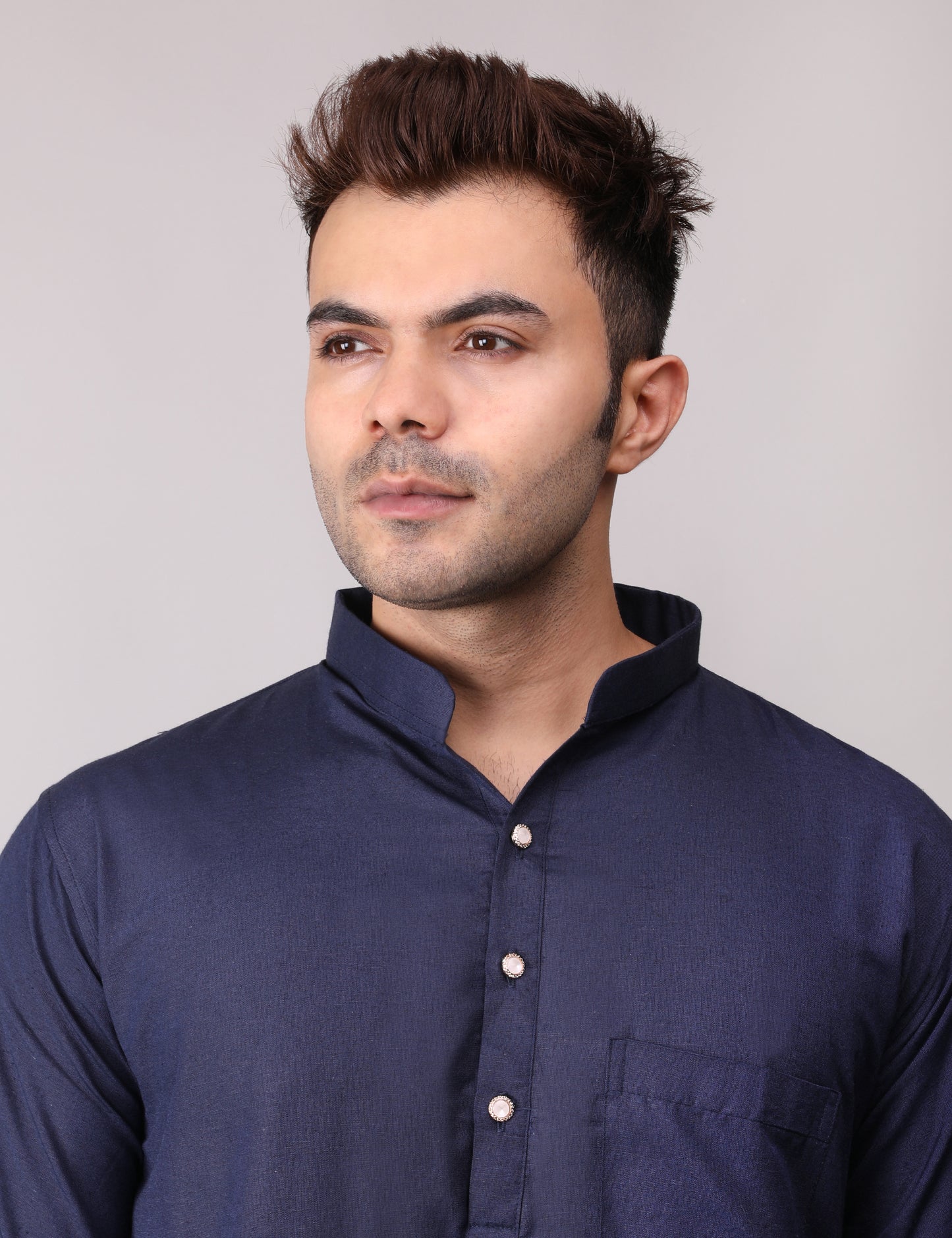 Men's Plain Dark Blue Cotton Kurta Pajama Set