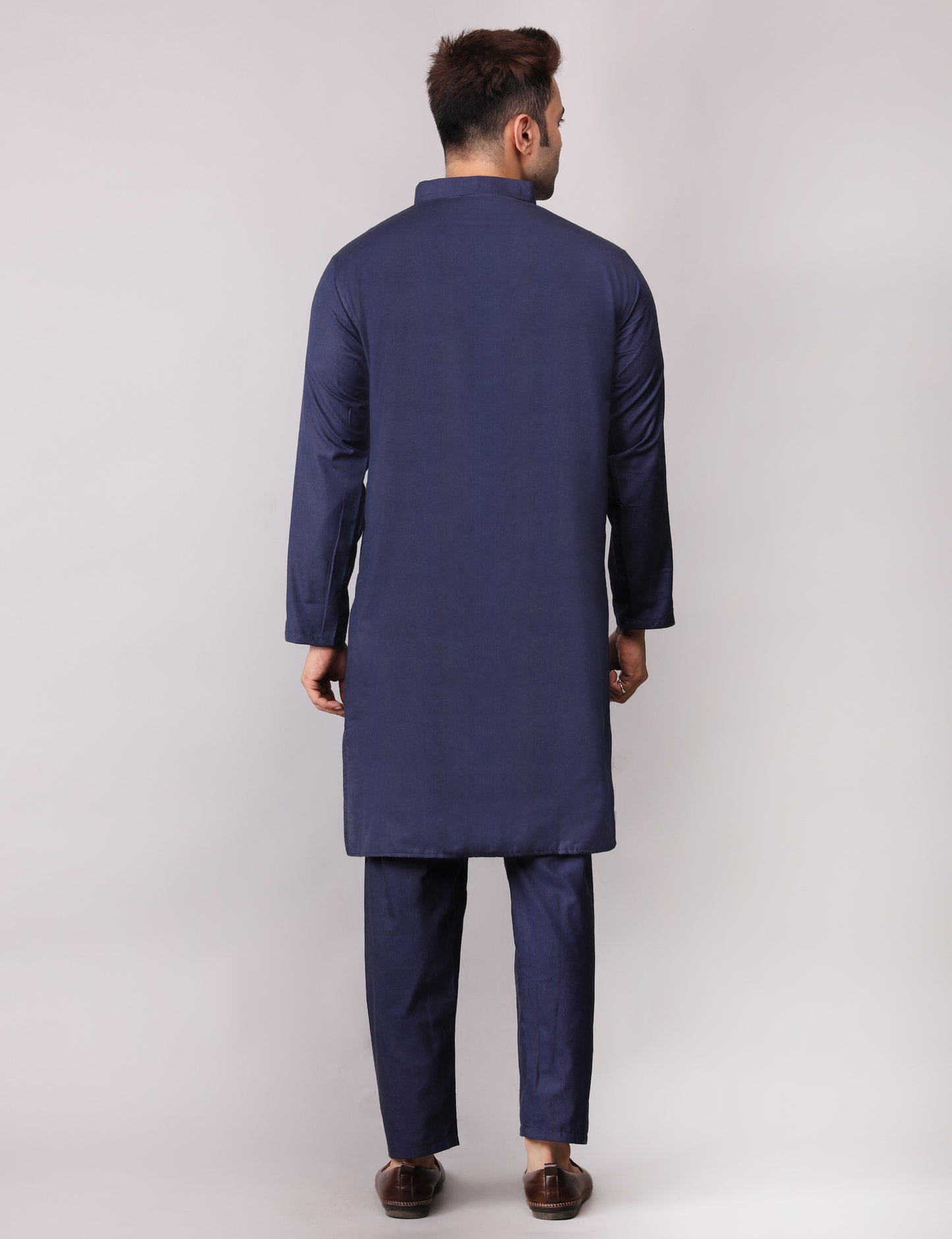 Men's Plain Dark Blue Cotton Kurta Pajama Set