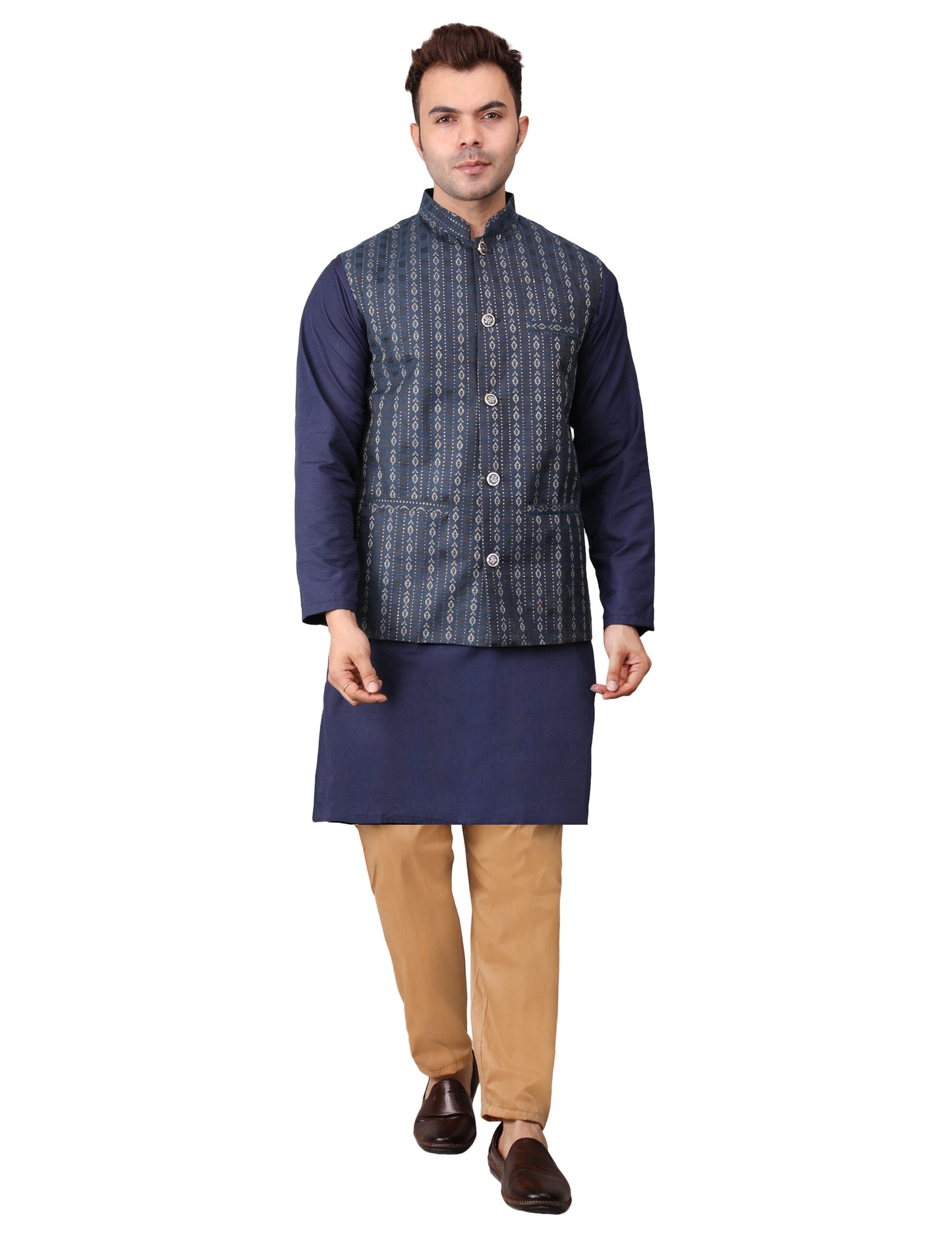 Men's Silk Blend Kurta Pajama with Designer Bundi Nehru Jacket/Waistcoat Dark Blue