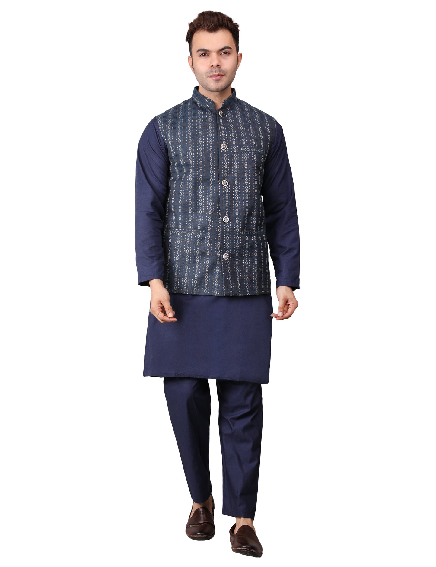 Men's Silk Blend Kurta Pajama with Designer Bundi Nehru Jacket/Waistcoat Dark Blue