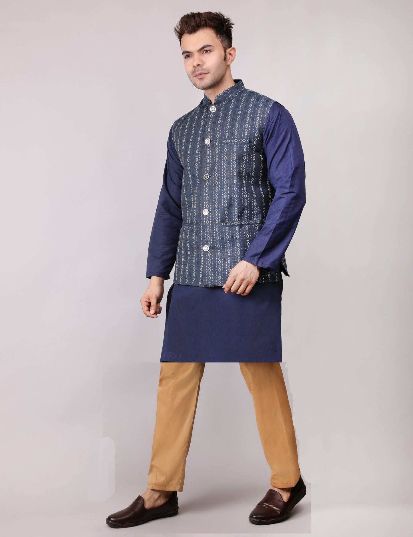 Men's Silk Blend Kurta Pajama with Designer Bundi Nehru Jacket/Waistcoat Dark Blue