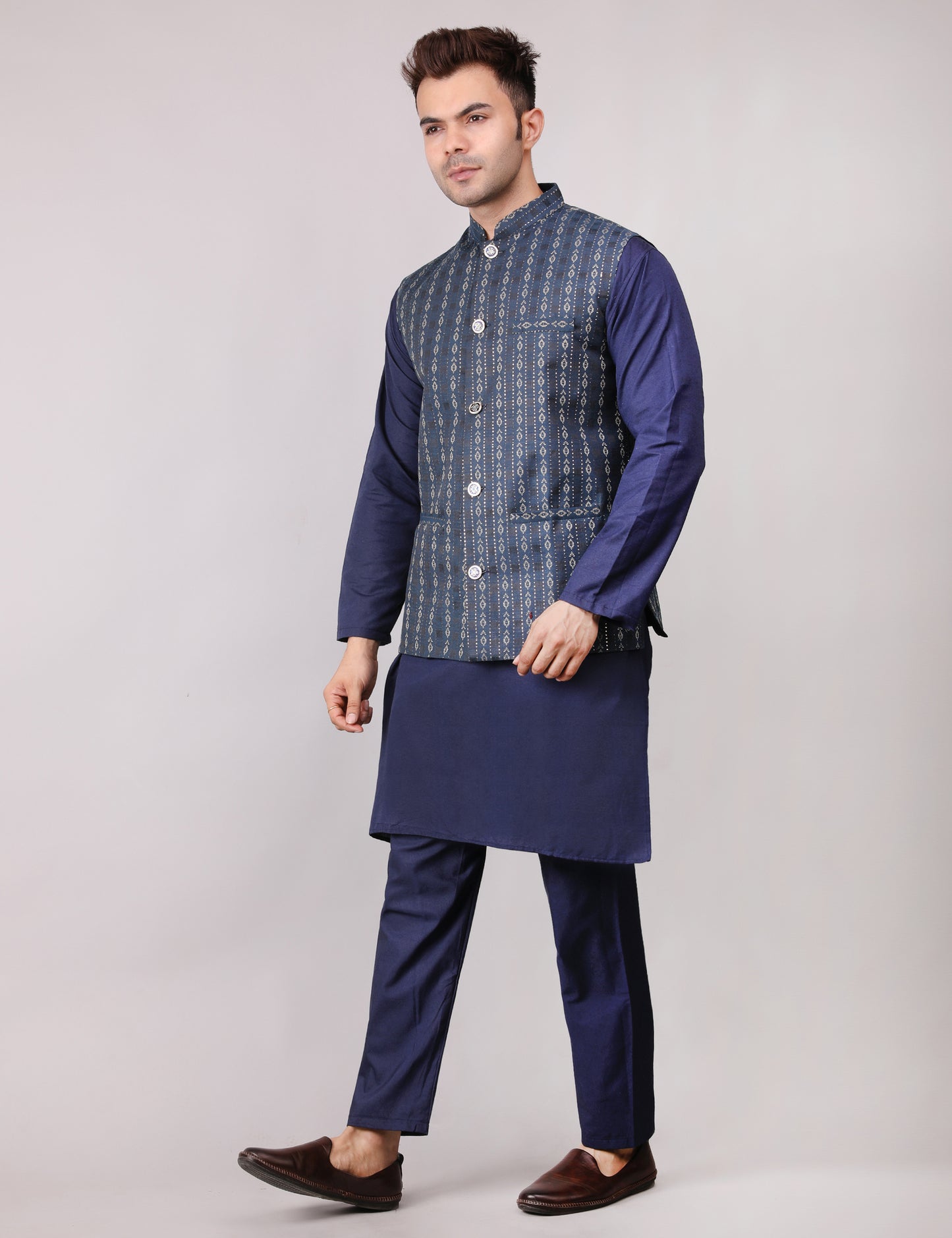 Men's Silk Blend Kurta Pajama with Designer Bundi Nehru Jacket/Waistcoat Dark Blue