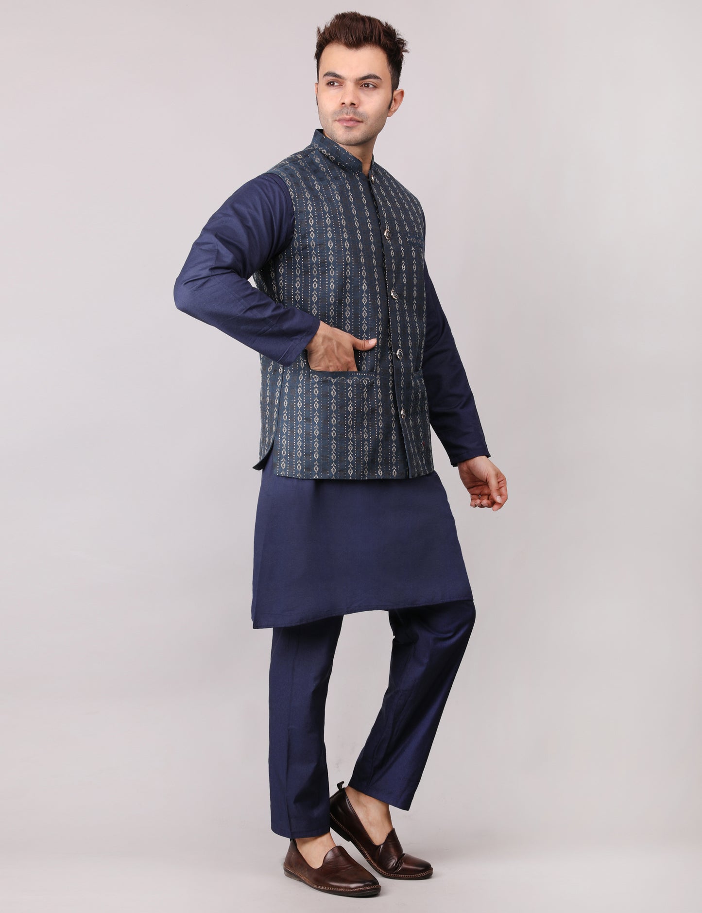 Men's Silk Blend Kurta Pajama with Designer Bundi Nehru Jacket/Waistcoat Dark Blue