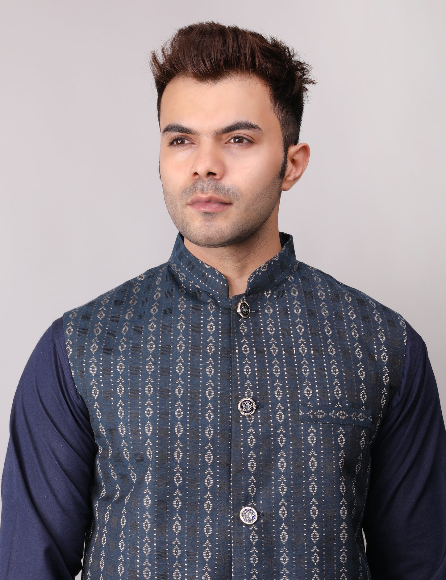 Men's Silk Blend Kurta Pajama with Designer Bundi Nehru Jacket/Waistcoat Dark Blue