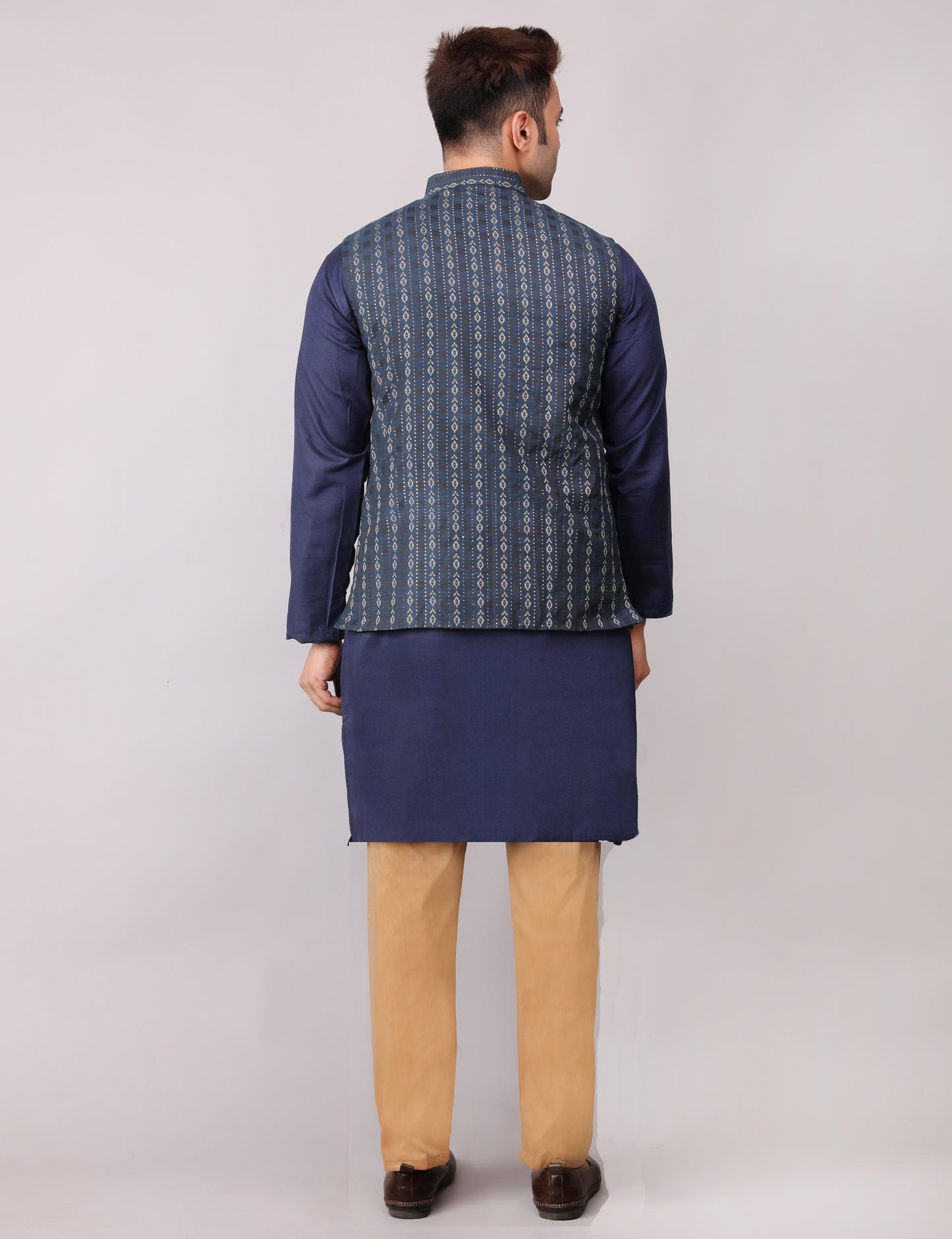 Men's Silk Blend Kurta Pajama with Designer Bundi Nehru Jacket/Waistcoat Dark Blue