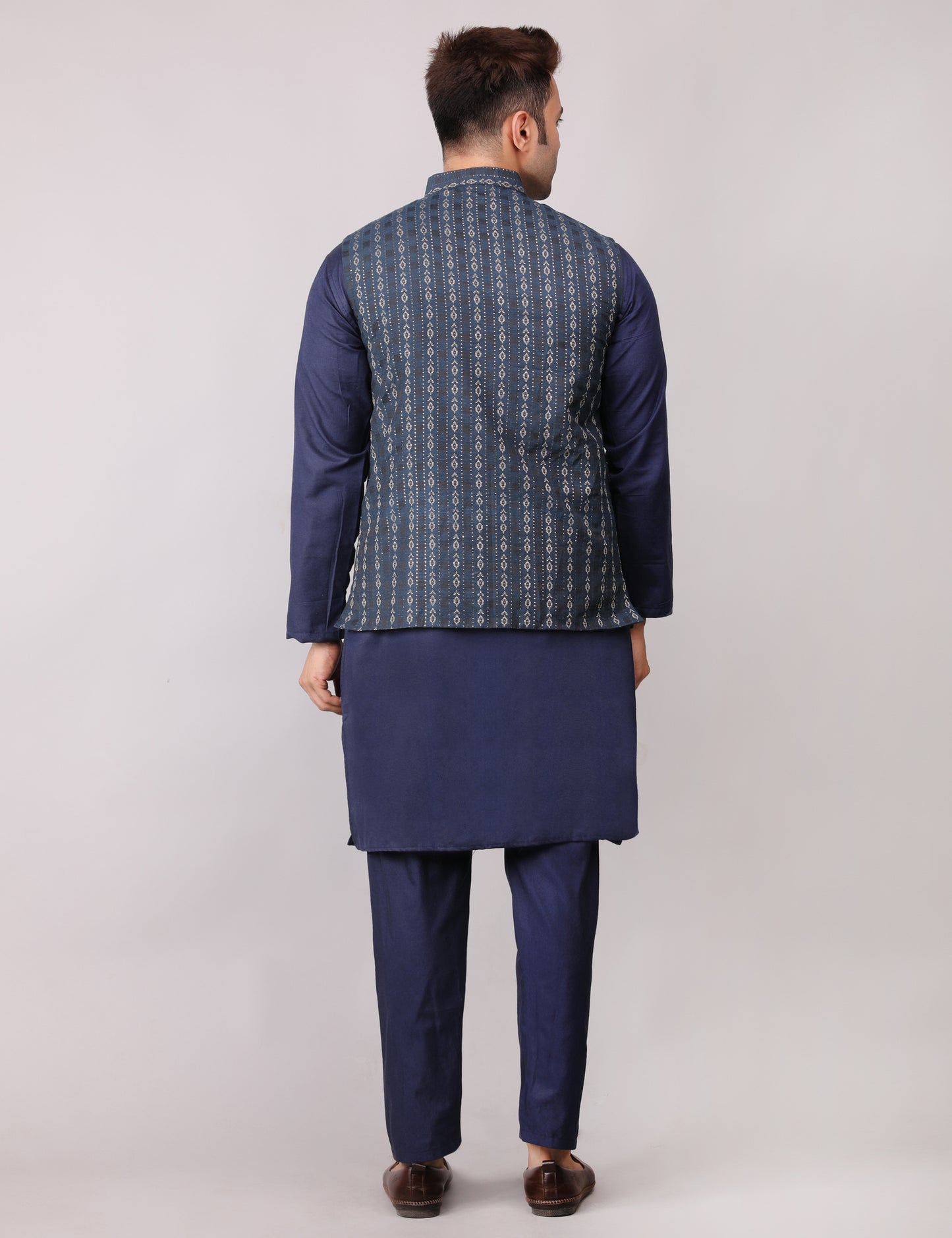 Men's Silk Blend Kurta Pajama with Designer Bundi Nehru Jacket/Waistcoat Dark Blue