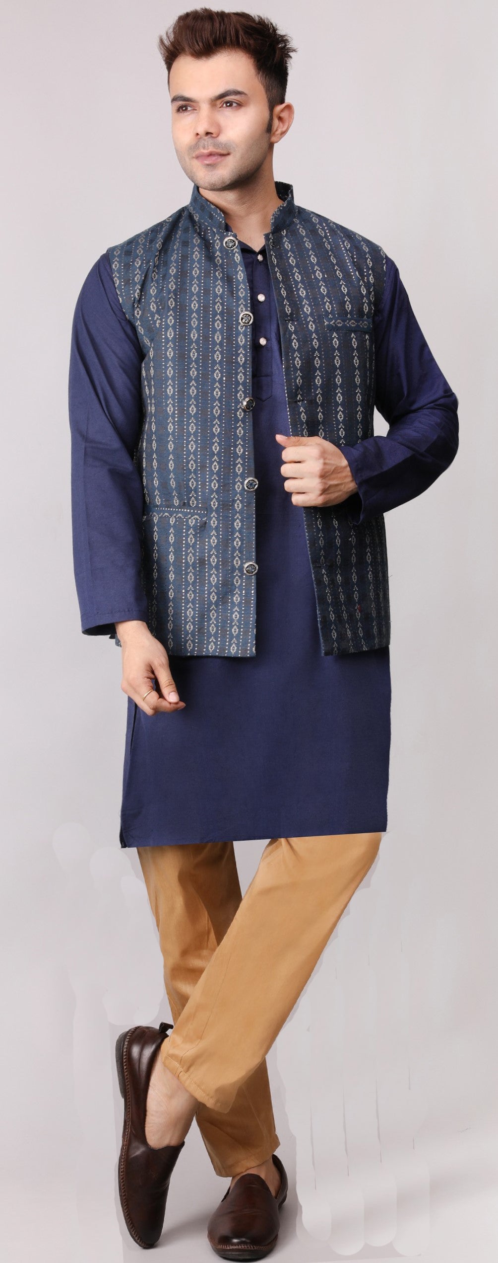 Men's Silk Blend Kurta Pajama with Designer Bundi Nehru Jacket/Waistcoat Dark Blue