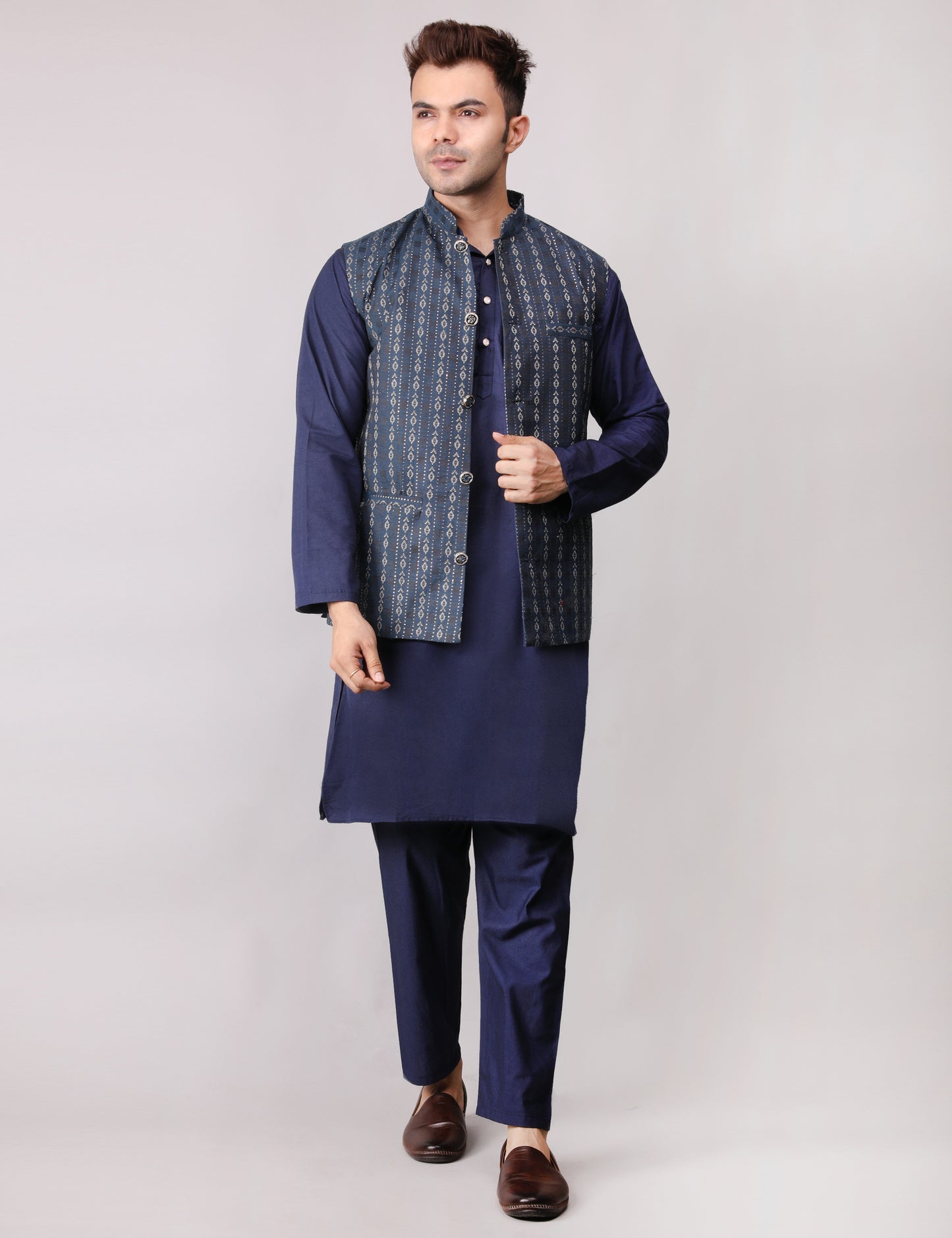 Men's Silk Blend Kurta Pajama with Designer Bundi Nehru Jacket/Waistcoat Dark Blue