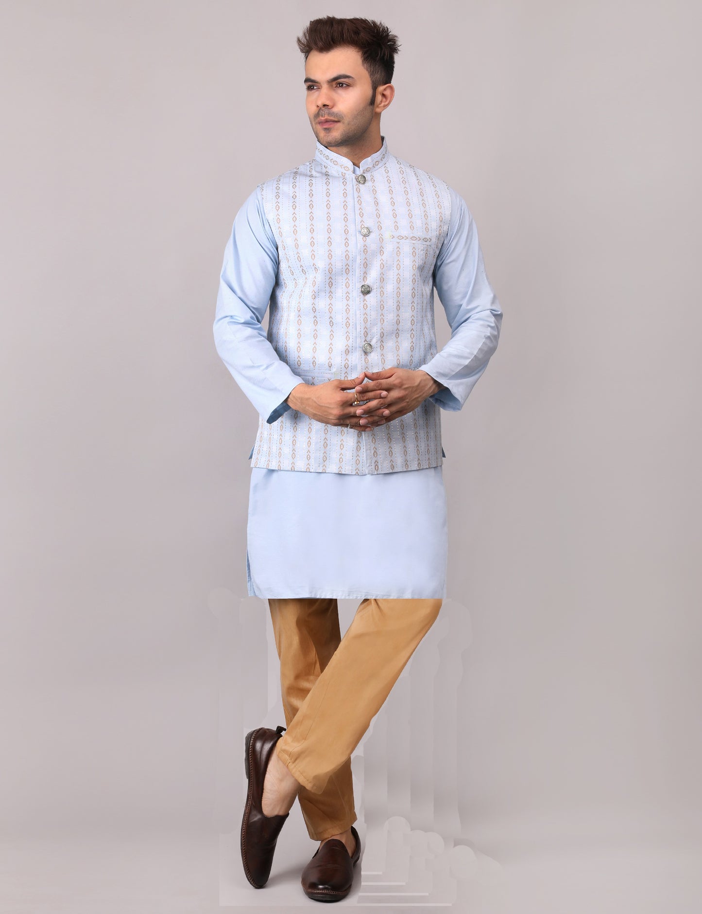 Men's Silk Blend Kurta Pajama with Designer Bundi Nehru Jacket/Waistcoat Light Blue