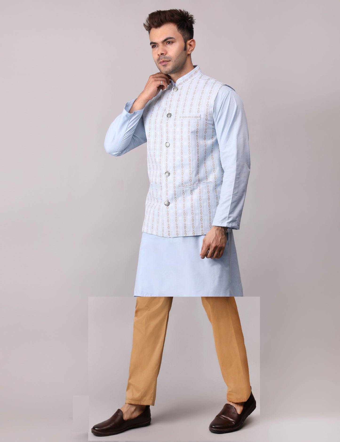 Men's Silk Blend Kurta Pajama with Designer Bundi Nehru Jacket/Waistcoat Light Blue