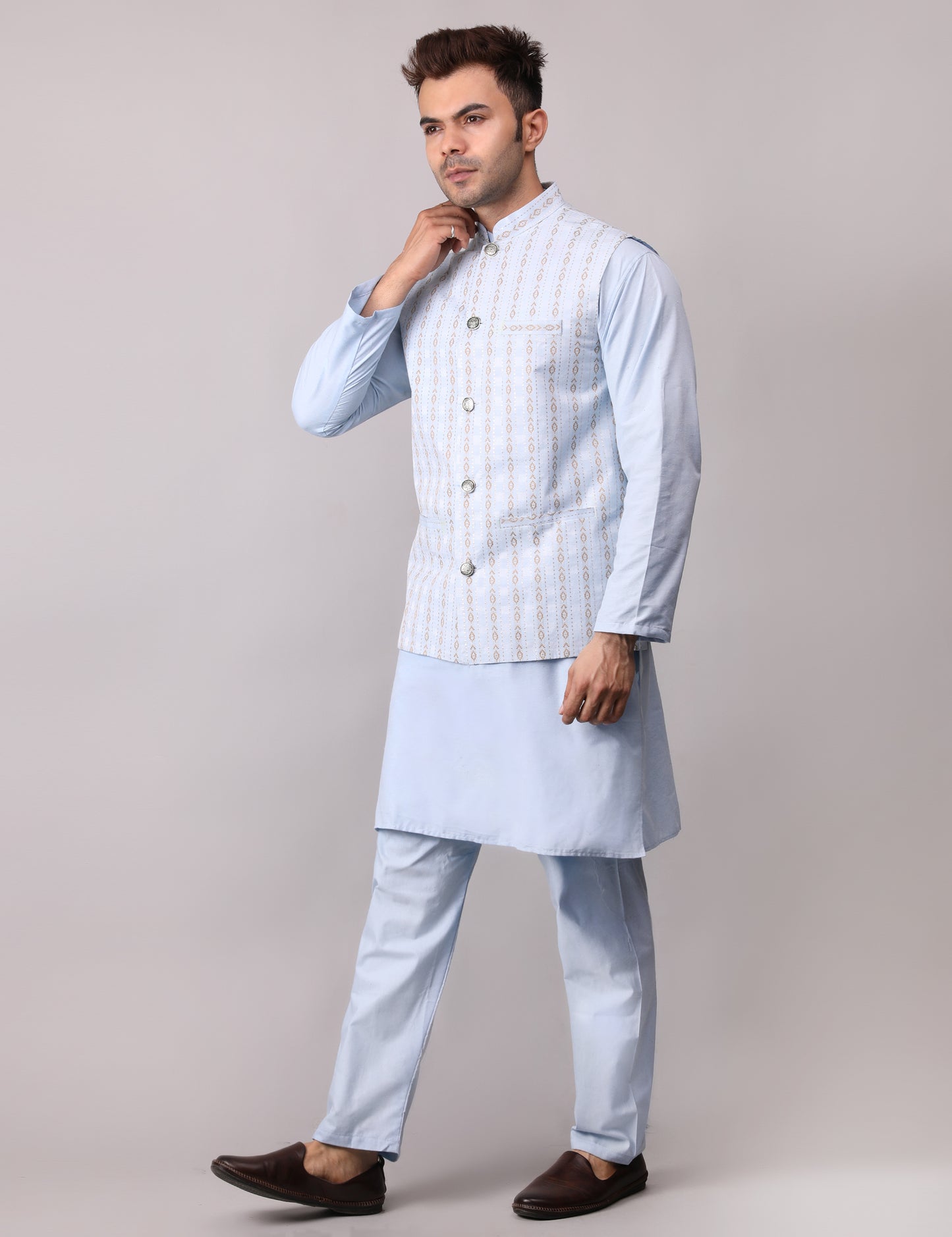 Men's Silk Blend Kurta Pajama with Designer Bundi Nehru Jacket/Waistcoat Light Blue