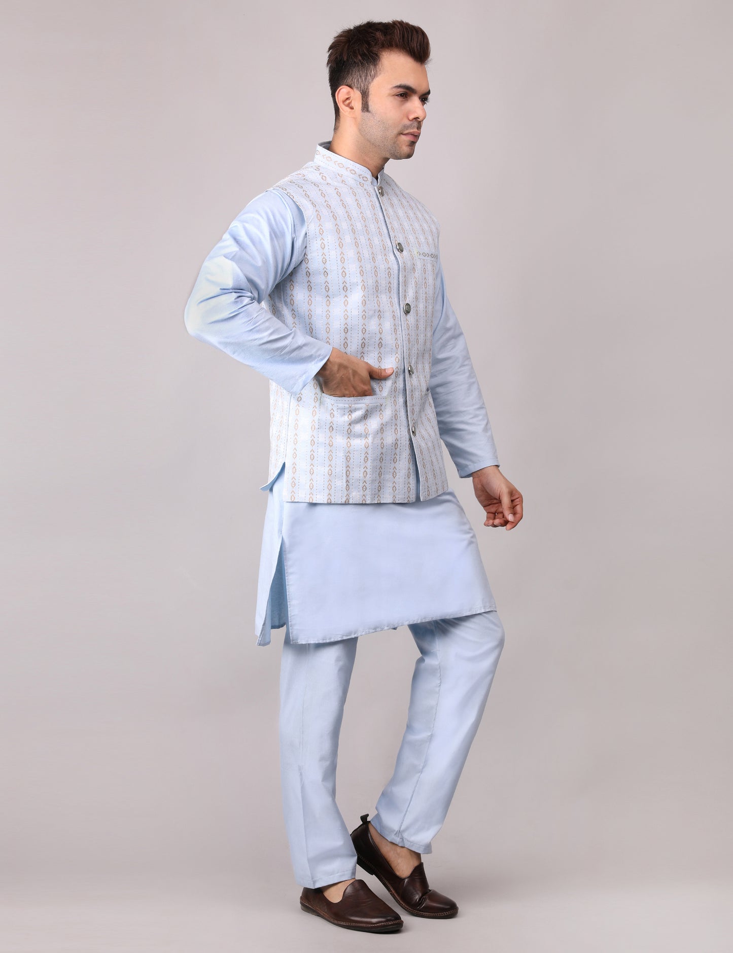 Men's Silk Blend Kurta Pajama with Designer Bundi Nehru Jacket/Waistcoat Light Blue