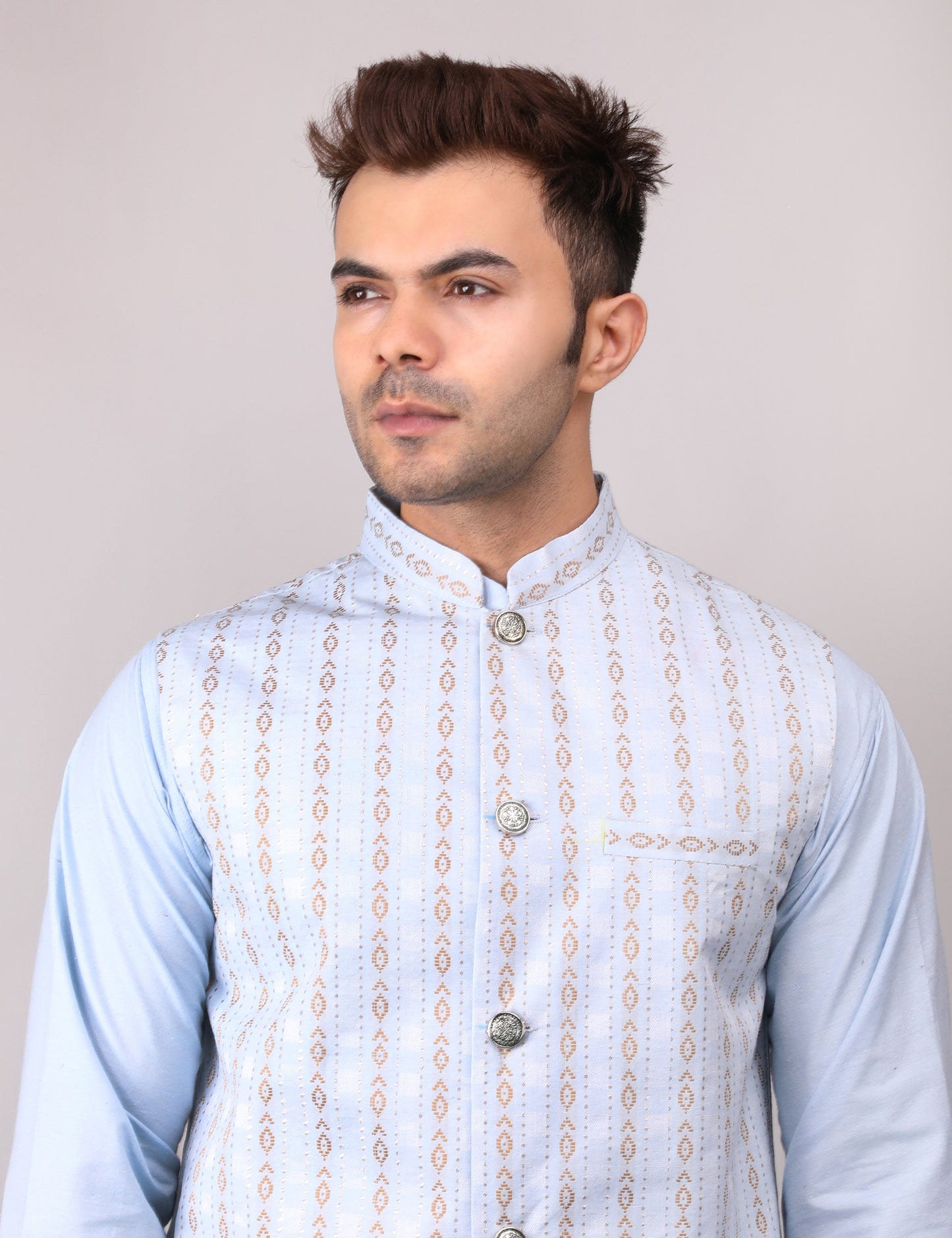 Men's Silk Blend Kurta Pajama with Designer Bundi Nehru Jacket/Waistcoat Light Blue