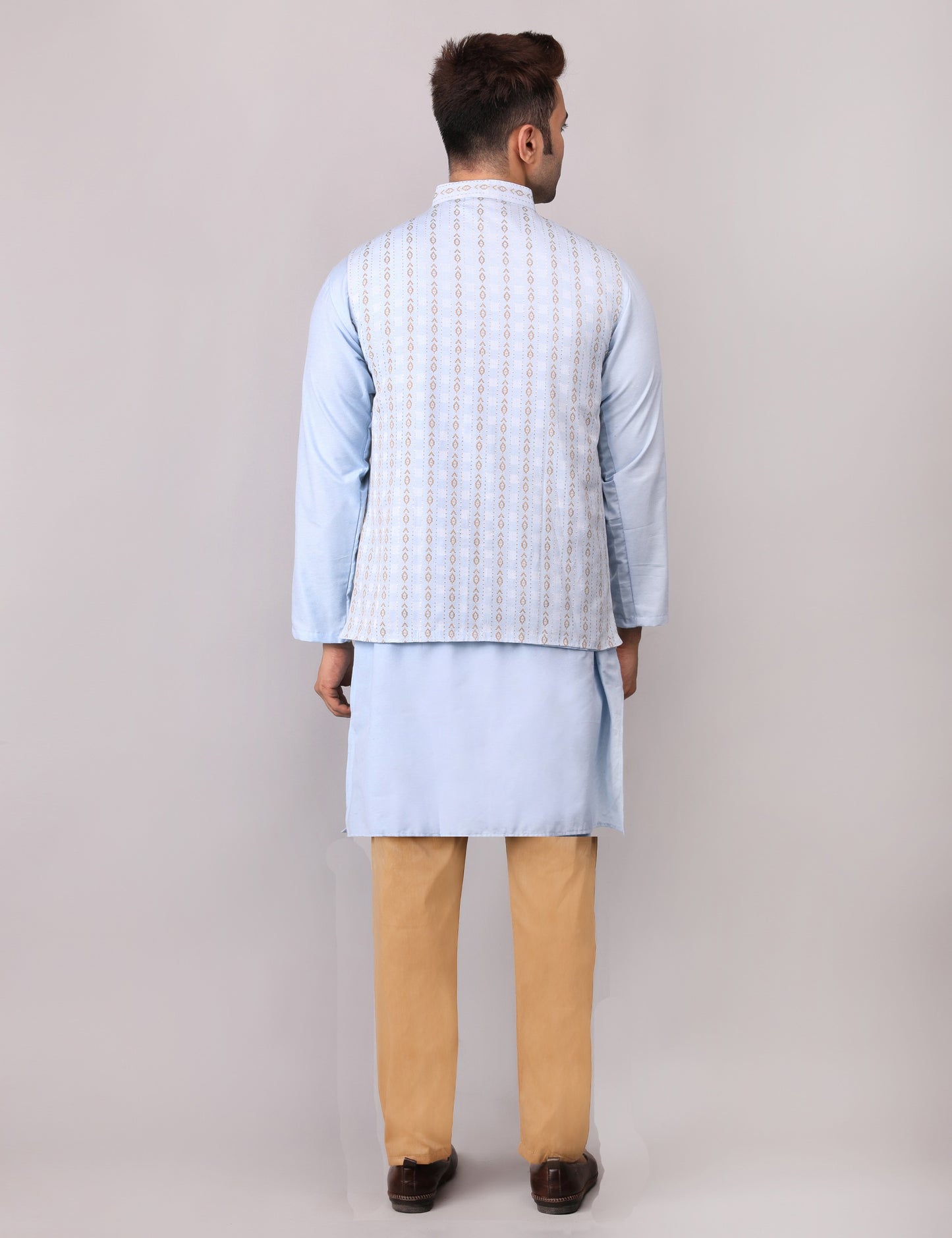 Men's Silk Blend Kurta Pajama with Designer Bundi Nehru Jacket/Waistcoat Light Blue