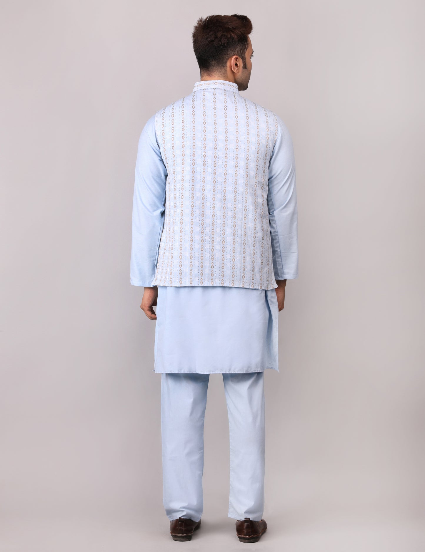 Men's Silk Blend Kurta Pajama with Designer Bundi Nehru Jacket/Waistcoat Light Blue