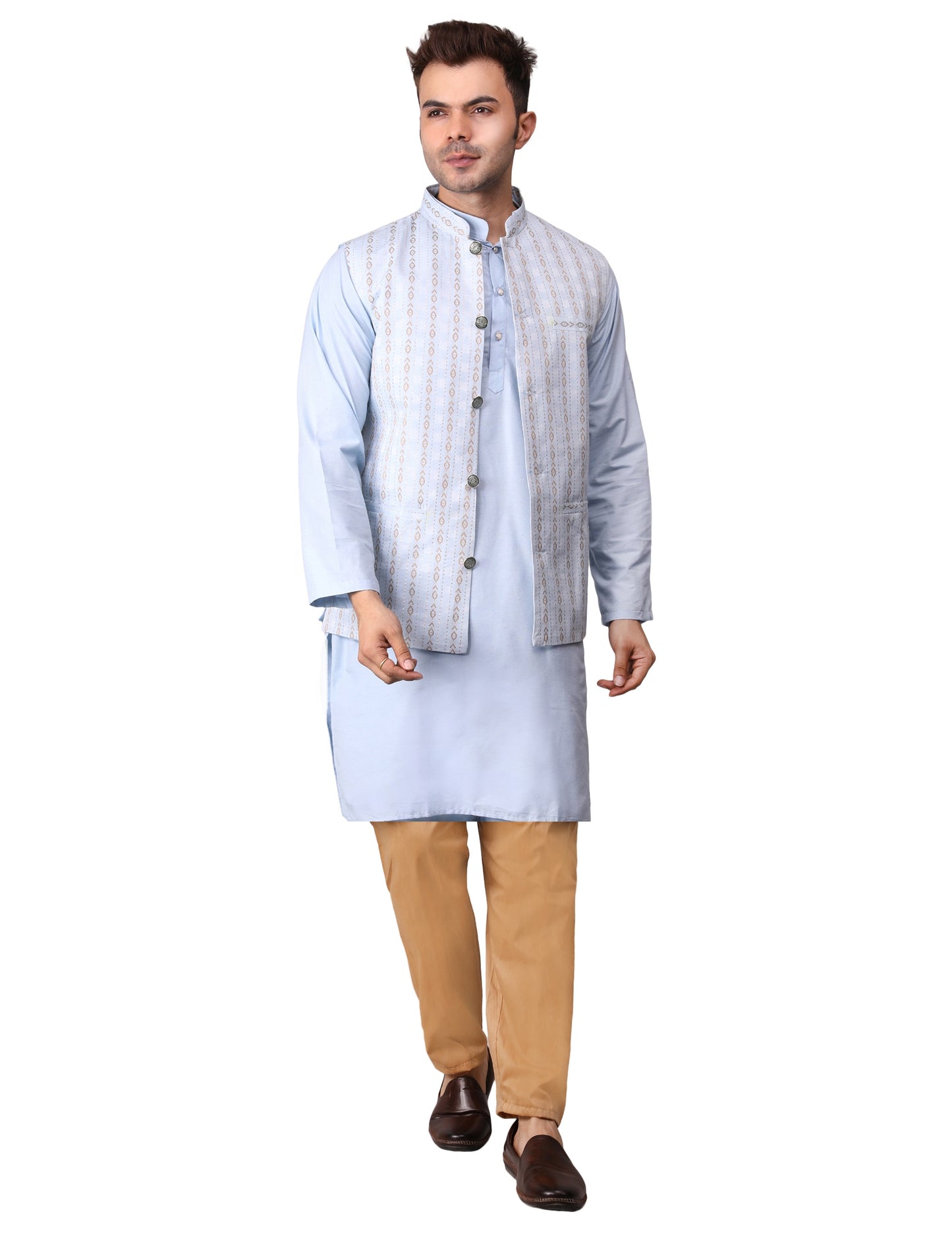 Men's Silk Blend Kurta Pajama with Designer Bundi Nehru Jacket/Waistcoat Light Blue
