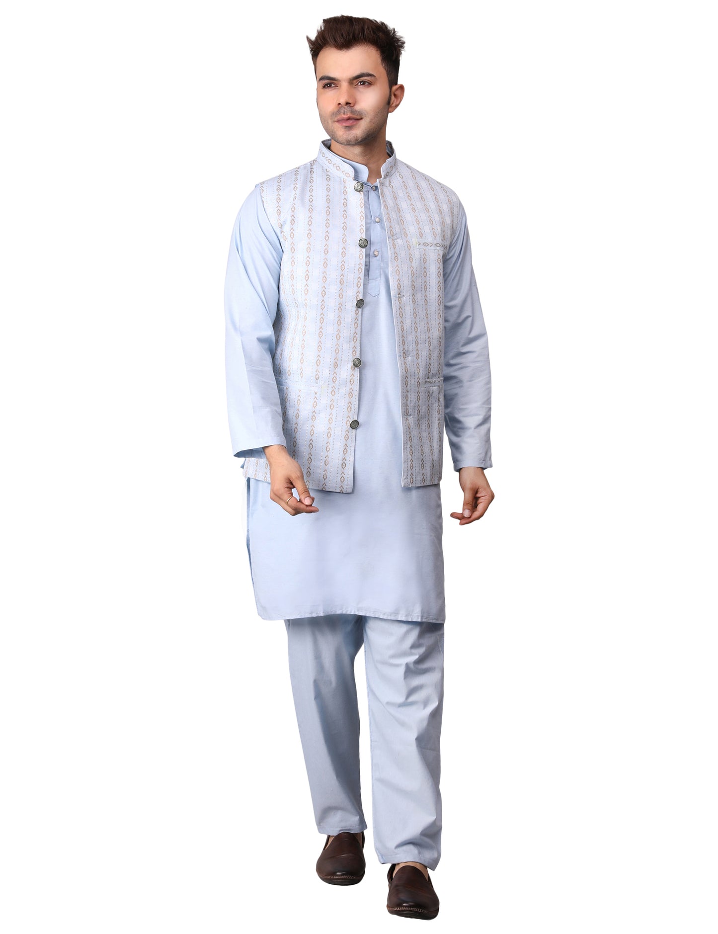 Men's Silk Blend Kurta Pajama with Designer Bundi Nehru Jacket/Waistcoat Light Blue