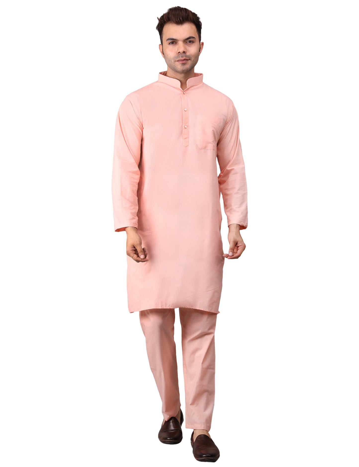 Men's Plain Peach Cotton Kurta Pajama Set