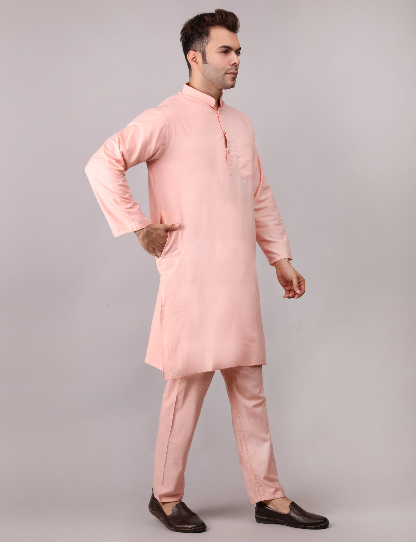 Men's Plain Peach Cotton Kurta Pajama Set