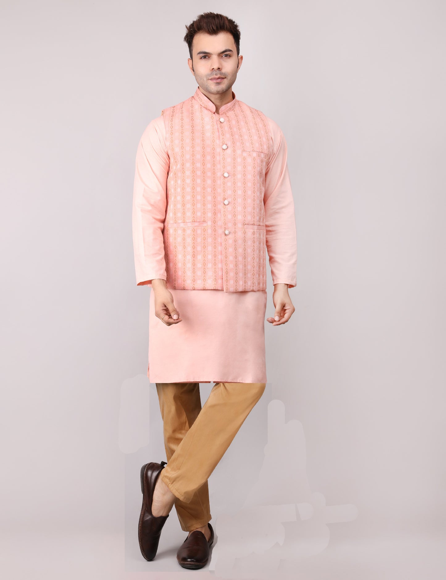 Men's Silk Blend Kurta Pajama with Designer Bundi Nehru Jacket/Waistcoat Peach