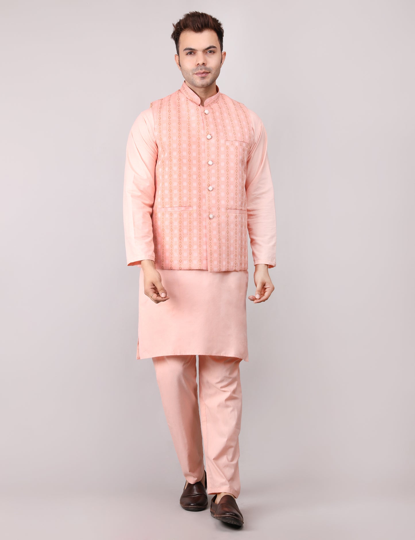 Men's Silk Blend Kurta Pajama with Designer Bundi Nehru Jacket/Waistcoat Peach