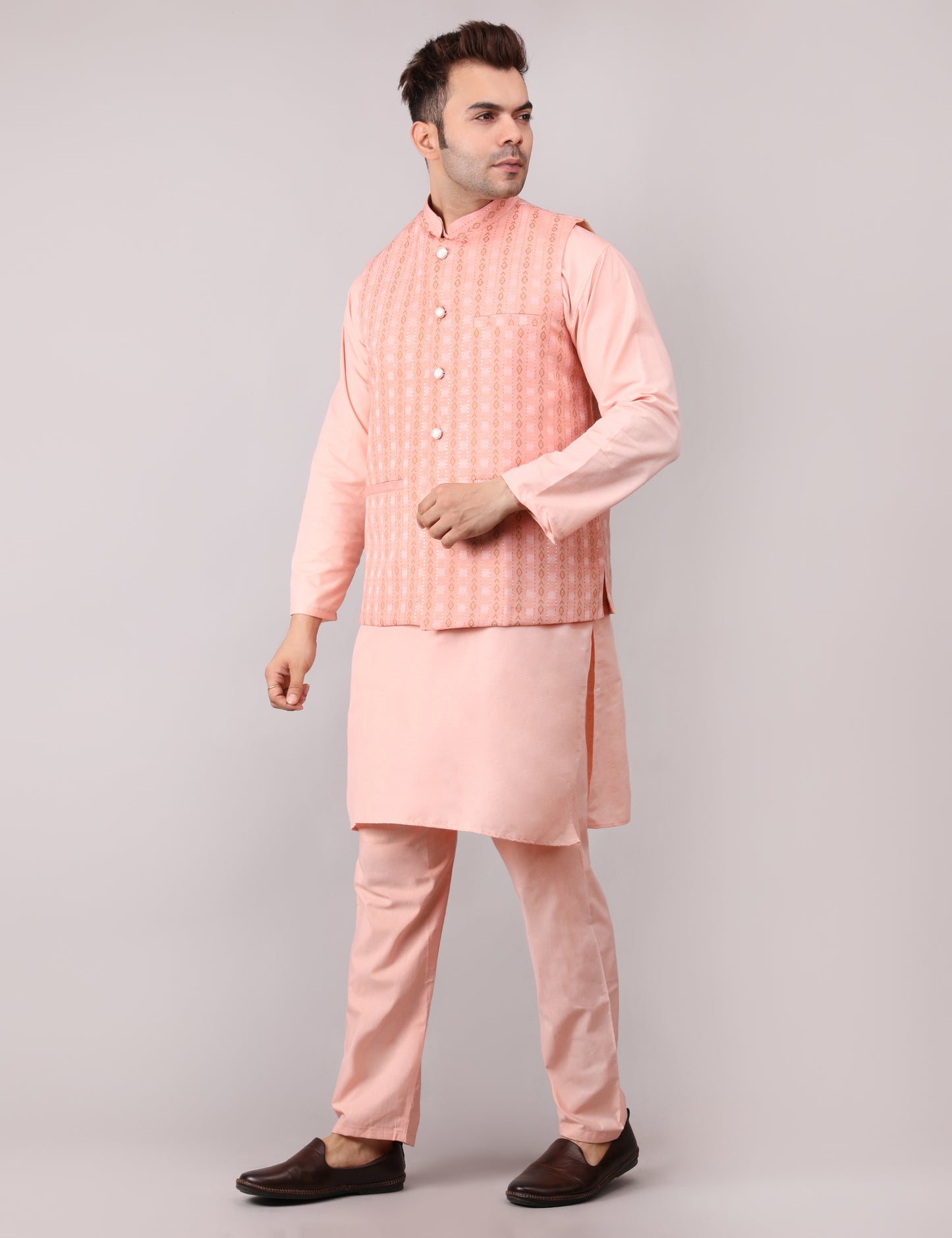 Men's Silk Blend Kurta Pajama with Designer Bundi Nehru Jacket/Waistcoat Peach