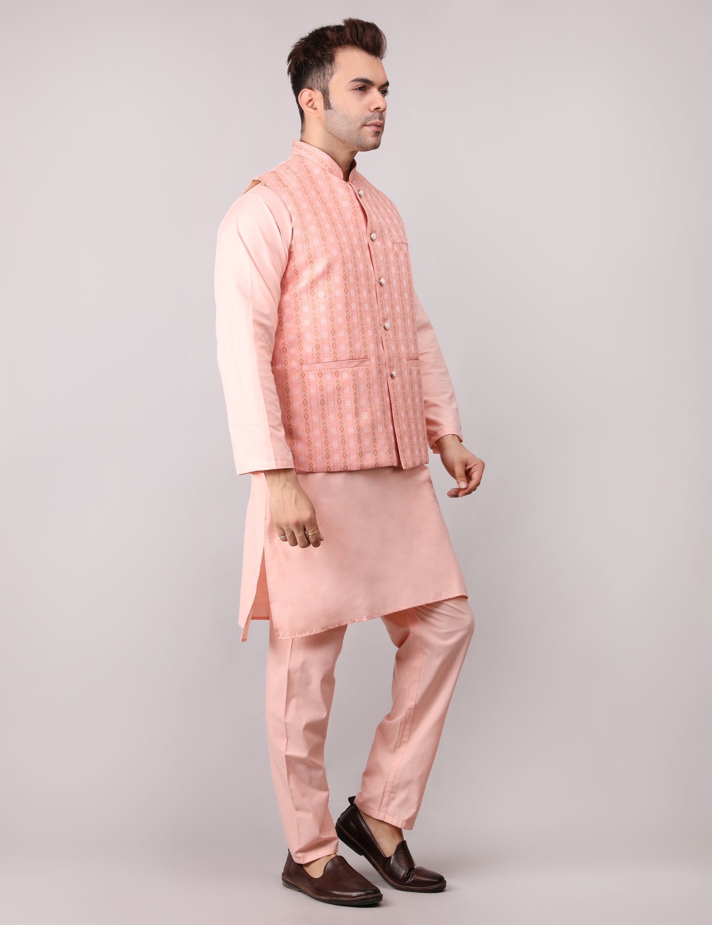 Men's Silk Blend Kurta Pajama with Designer Bundi Nehru Jacket/Waistcoat Peach