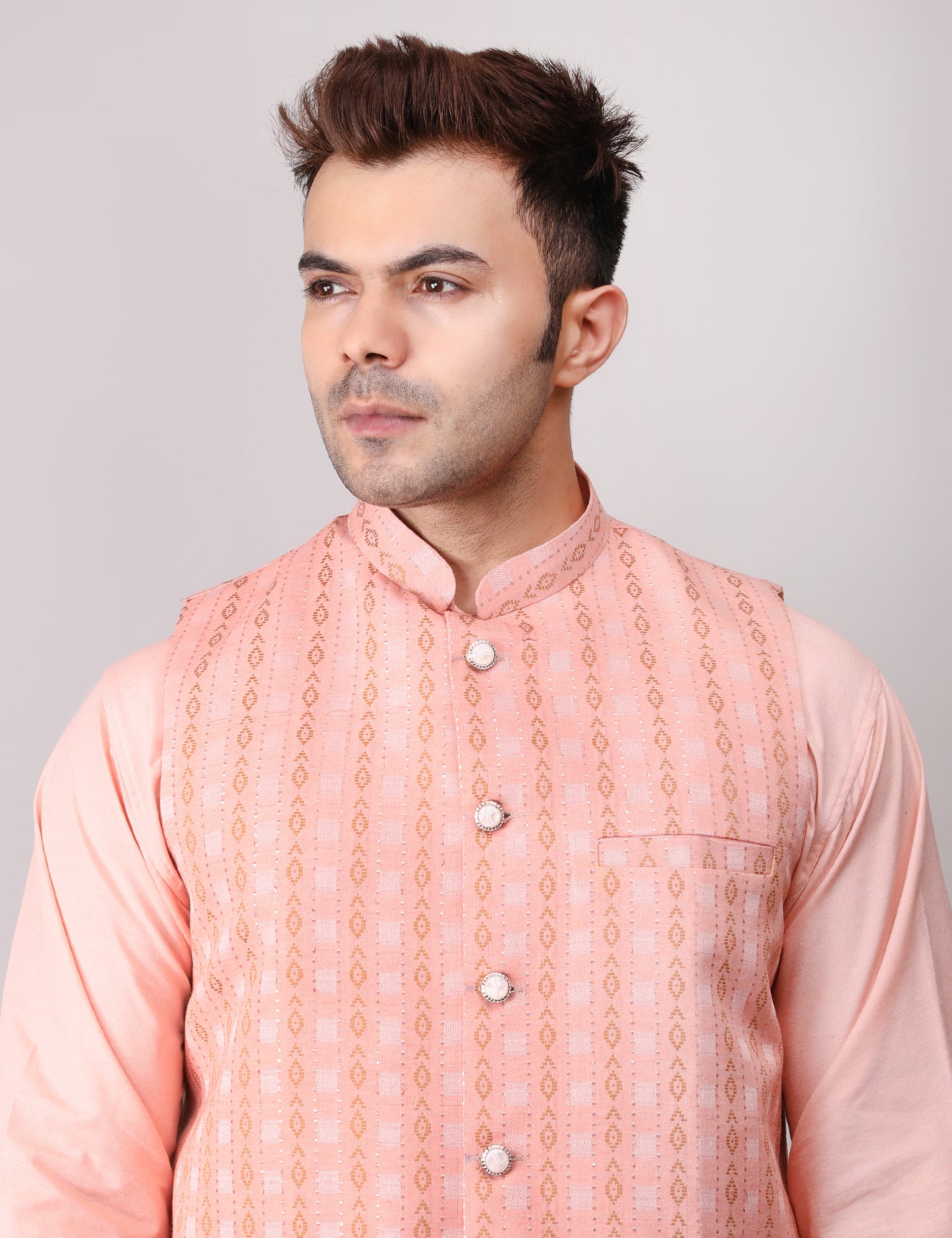 Men's Silk Blend Kurta Pajama with Designer Bundi Nehru Jacket/Waistcoat Peach