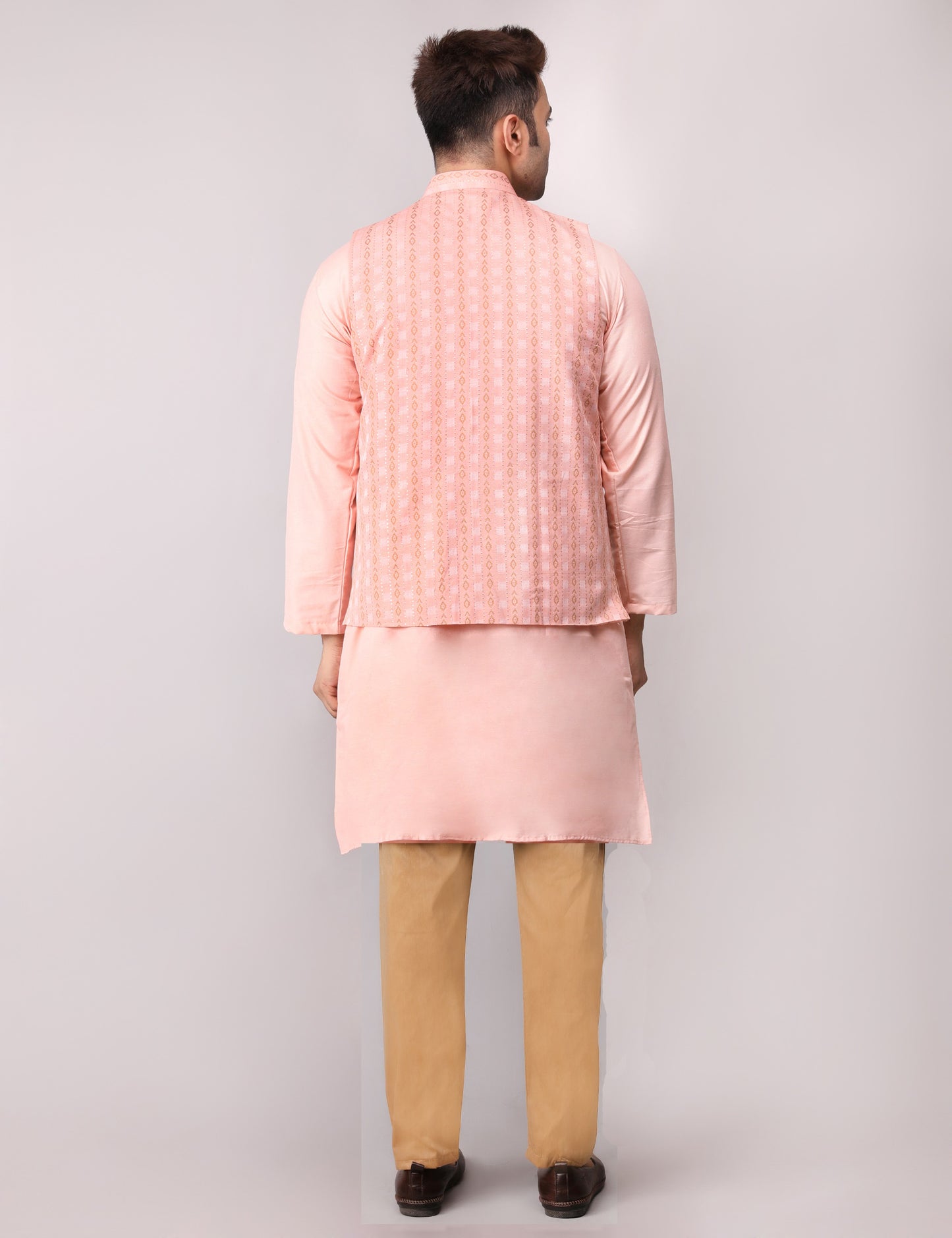 Men's Silk Blend Kurta Pajama with Designer Bundi Nehru Jacket/Waistcoat Peach