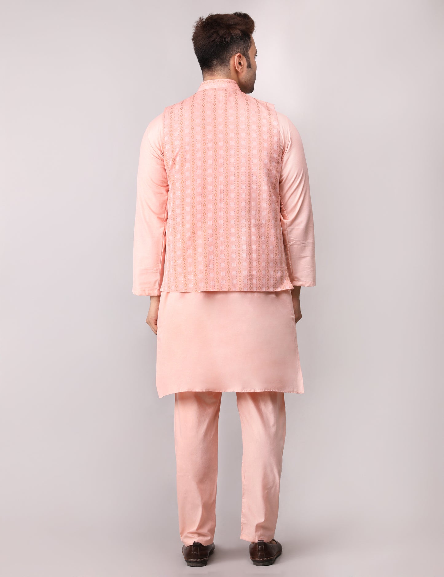 Men's Silk Blend Kurta Pajama with Designer Bundi Nehru Jacket/Waistcoat Peach