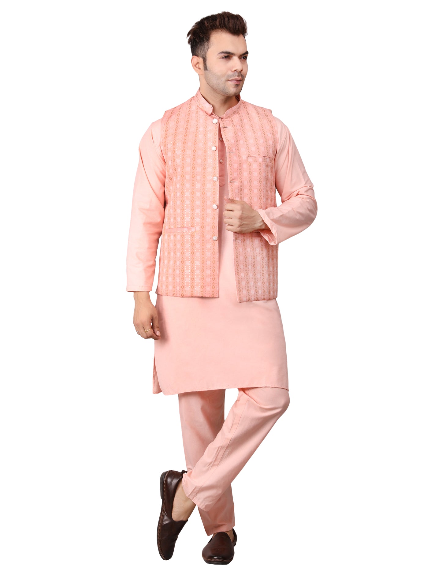 Men's Silk Blend Kurta Pajama with Designer Bundi Nehru Jacket/Waistcoat Peach