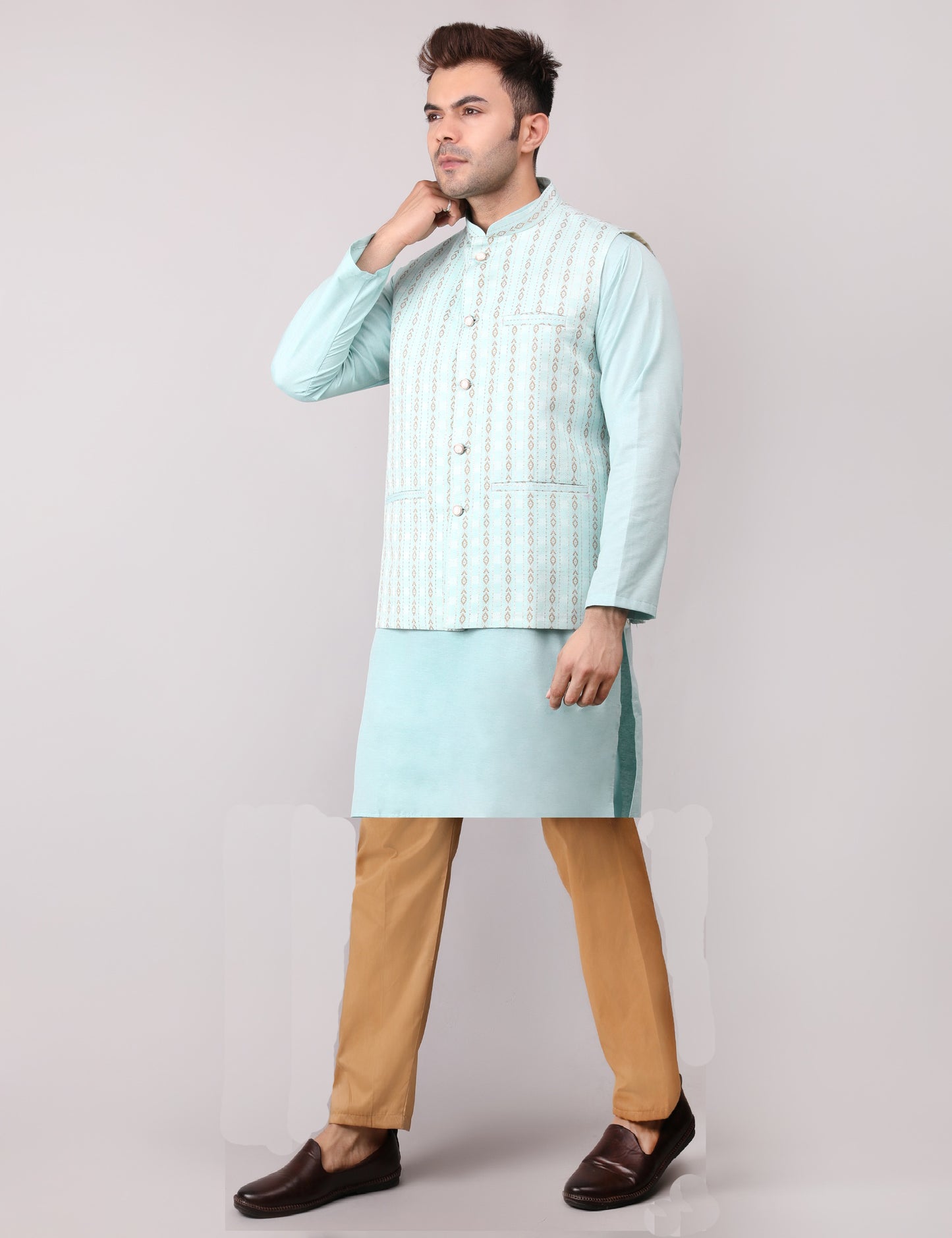 Men's Silk Blend Kurta Pajama with Designer Bundi Nehru Jacket/Waistcoat Light Green