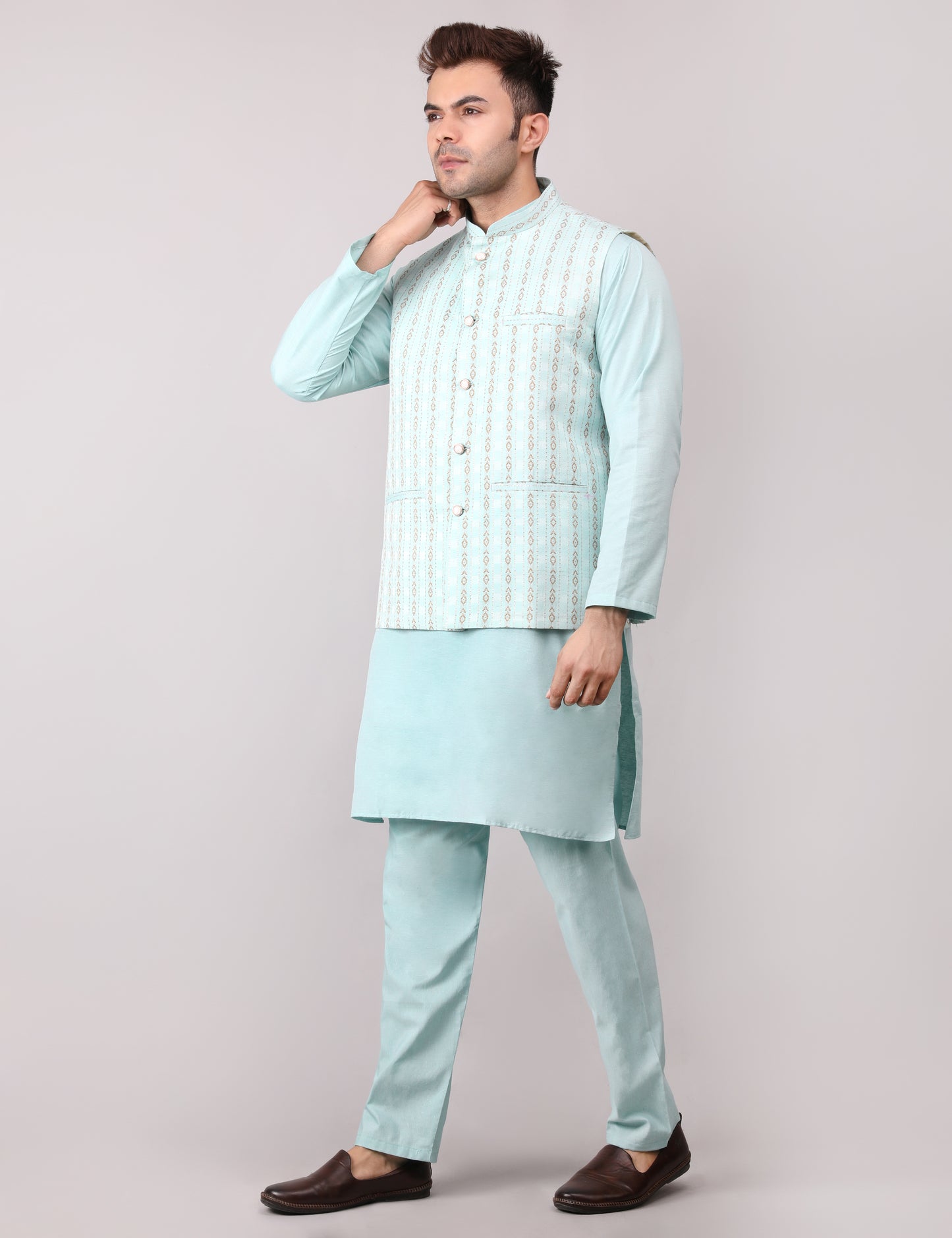 Men's Silk Blend Kurta Pajama with Designer Bundi Nehru Jacket/Waistcoat Light Green