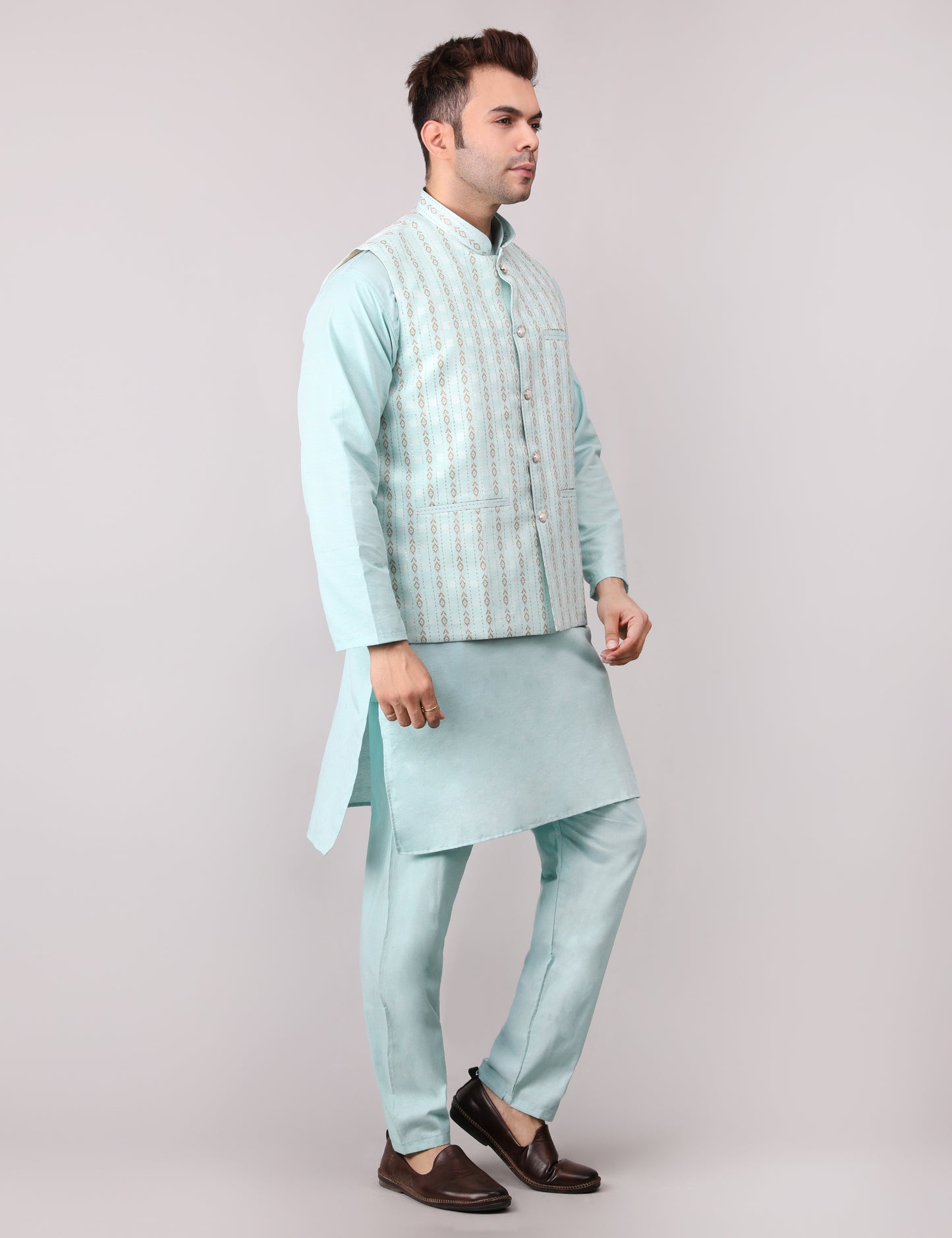 Men's Silk Blend Kurta Pajama with Designer Bundi Nehru Jacket/Waistcoat Light Green