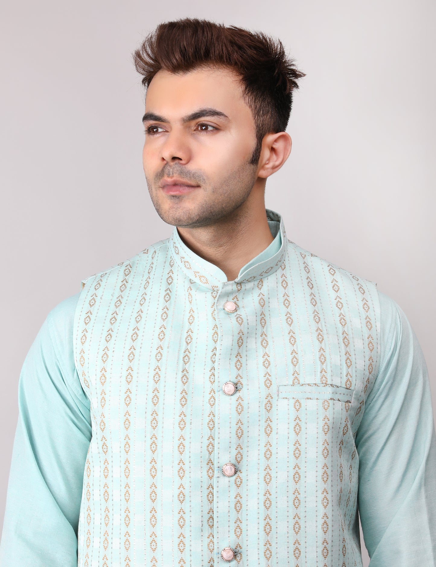 Men's Silk Blend Kurta Pajama with Designer Bundi Nehru Jacket/Waistcoat Light Green